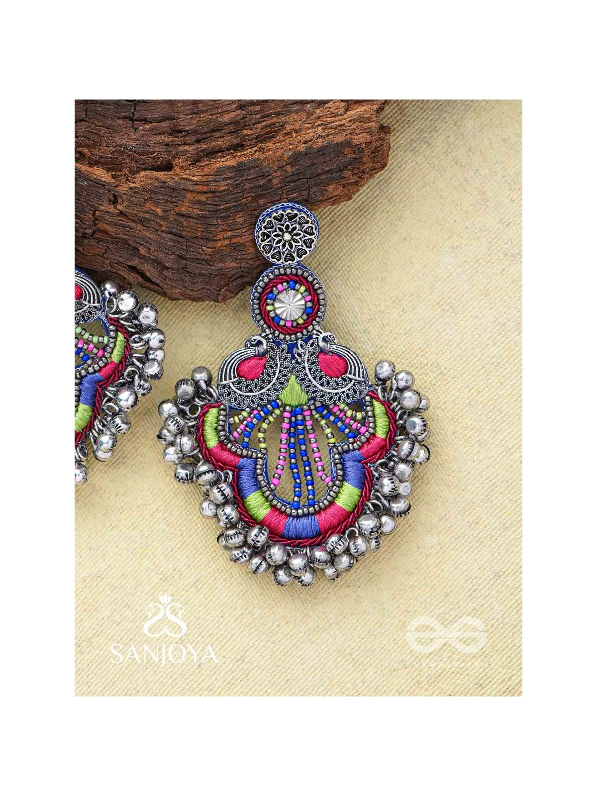 Abherī - The Melodic Dance - Resham And Beads Hand Embroidered Oxidised Earrings