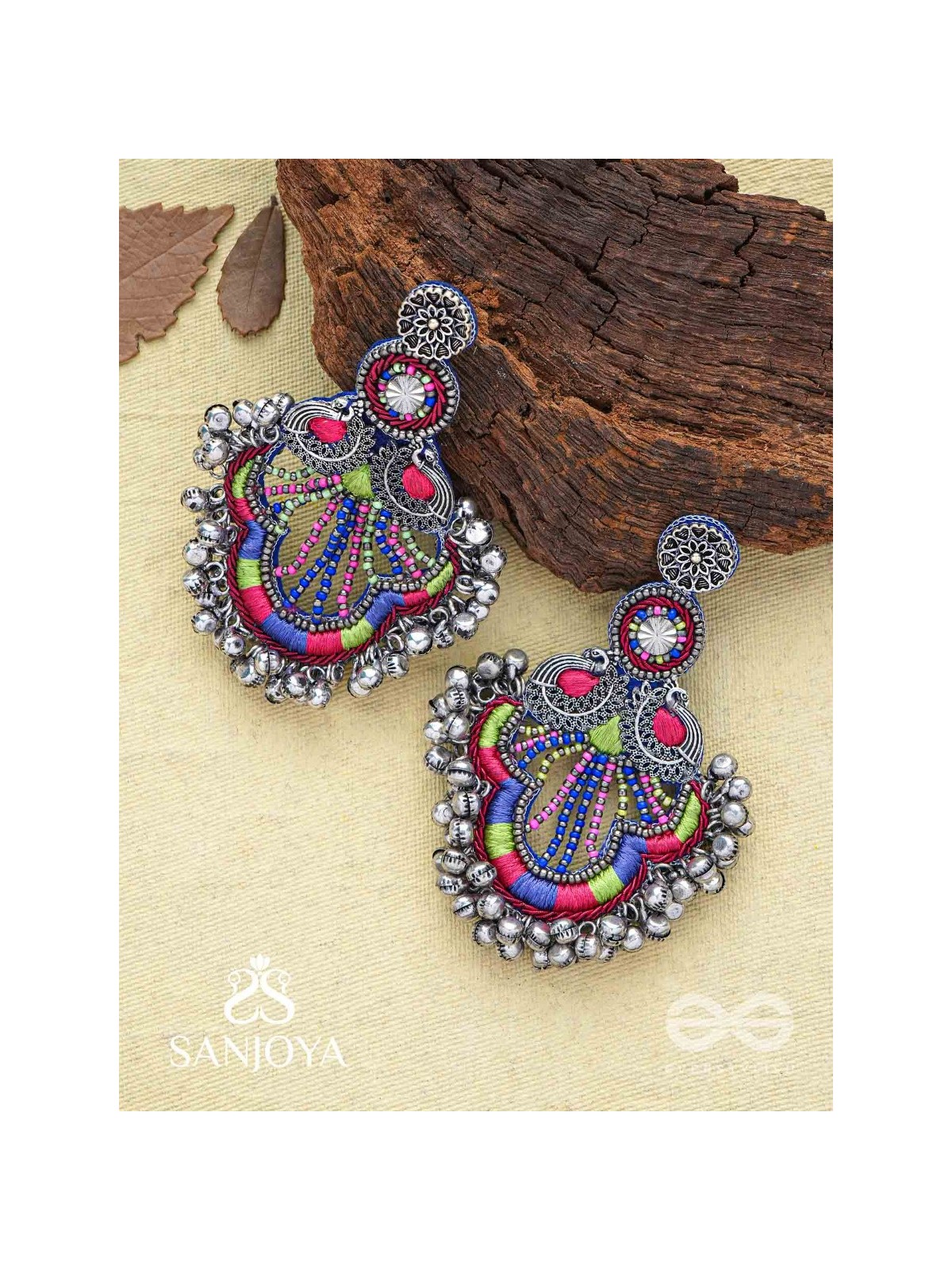 Abherī - The Melodic Dance - Resham And Beads Hand Embroidered Oxidised Earrings