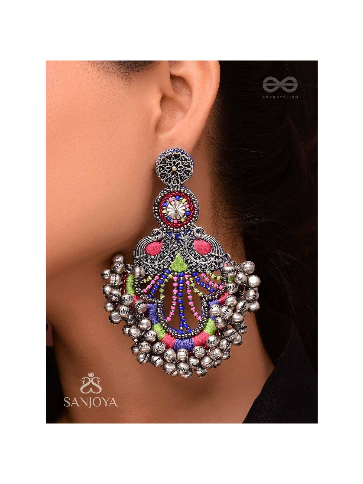 Abherī - The Melodic Dance - Resham And Beads Hand Embroidered Oxidised Earrings