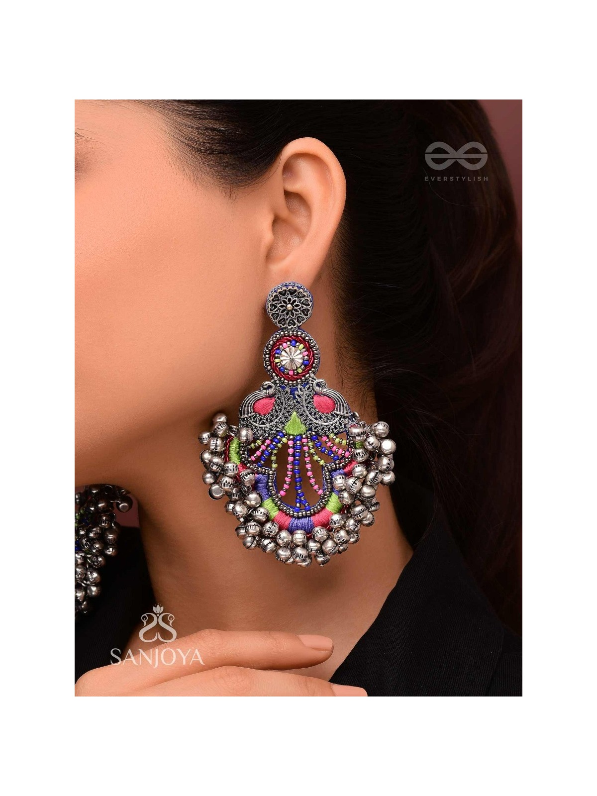 Abherī - The Melodic Dance - Resham And Beads Hand Embroidered Oxidised Earrings