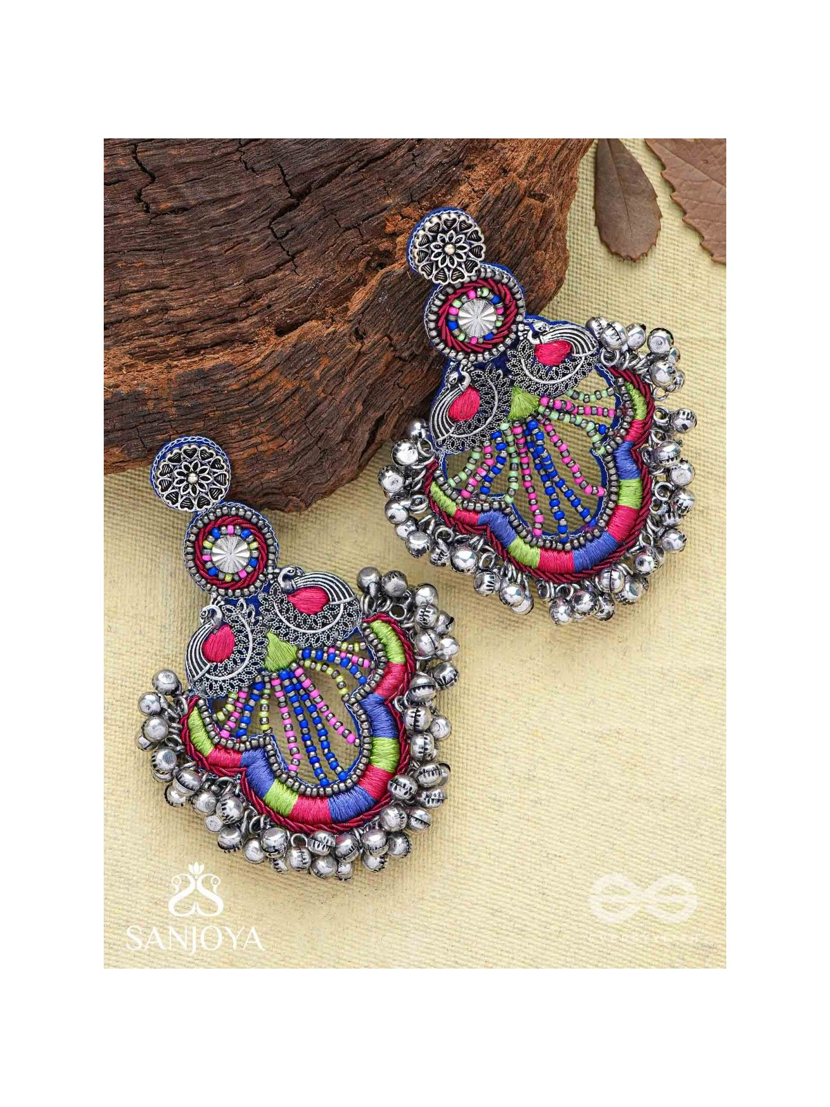 Abherī - The Melodic Dance - Resham And Beads Hand Embroidered Oxidised Earrings