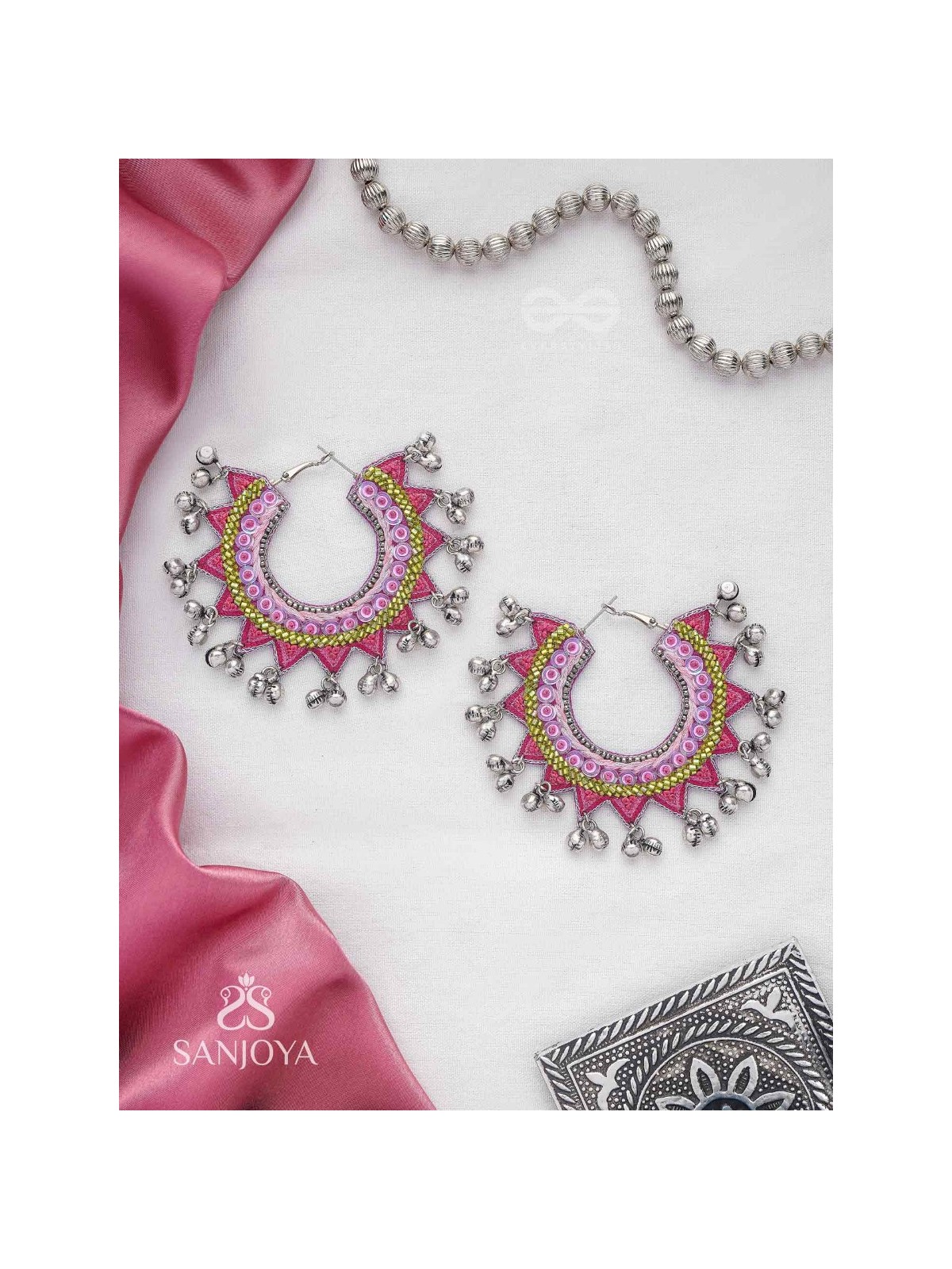 Ihaloka - The Circle Of Life - Sequins And Beads Hand Embroidered Oxidised Hoop Earrings