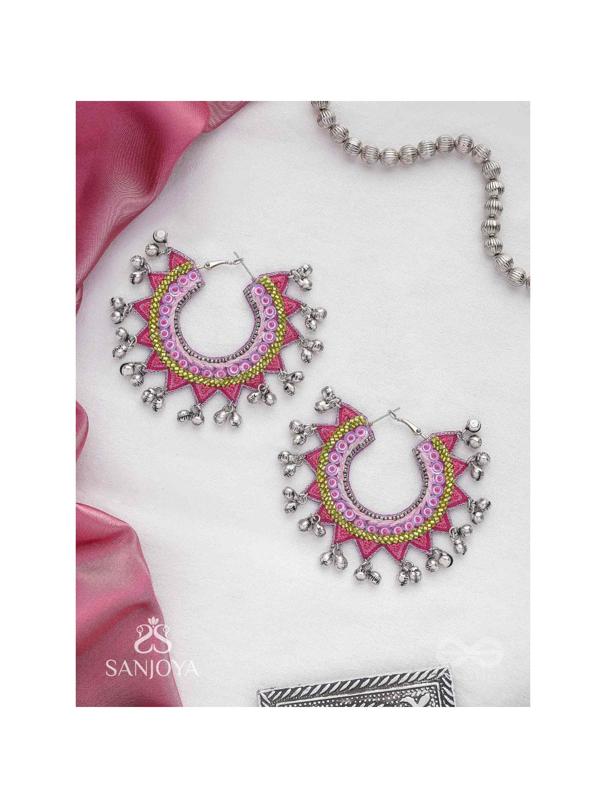 Ihaloka - The Circle Of Life - Sequins And Beads Hand Embroidered Oxidised Hoop Earrings