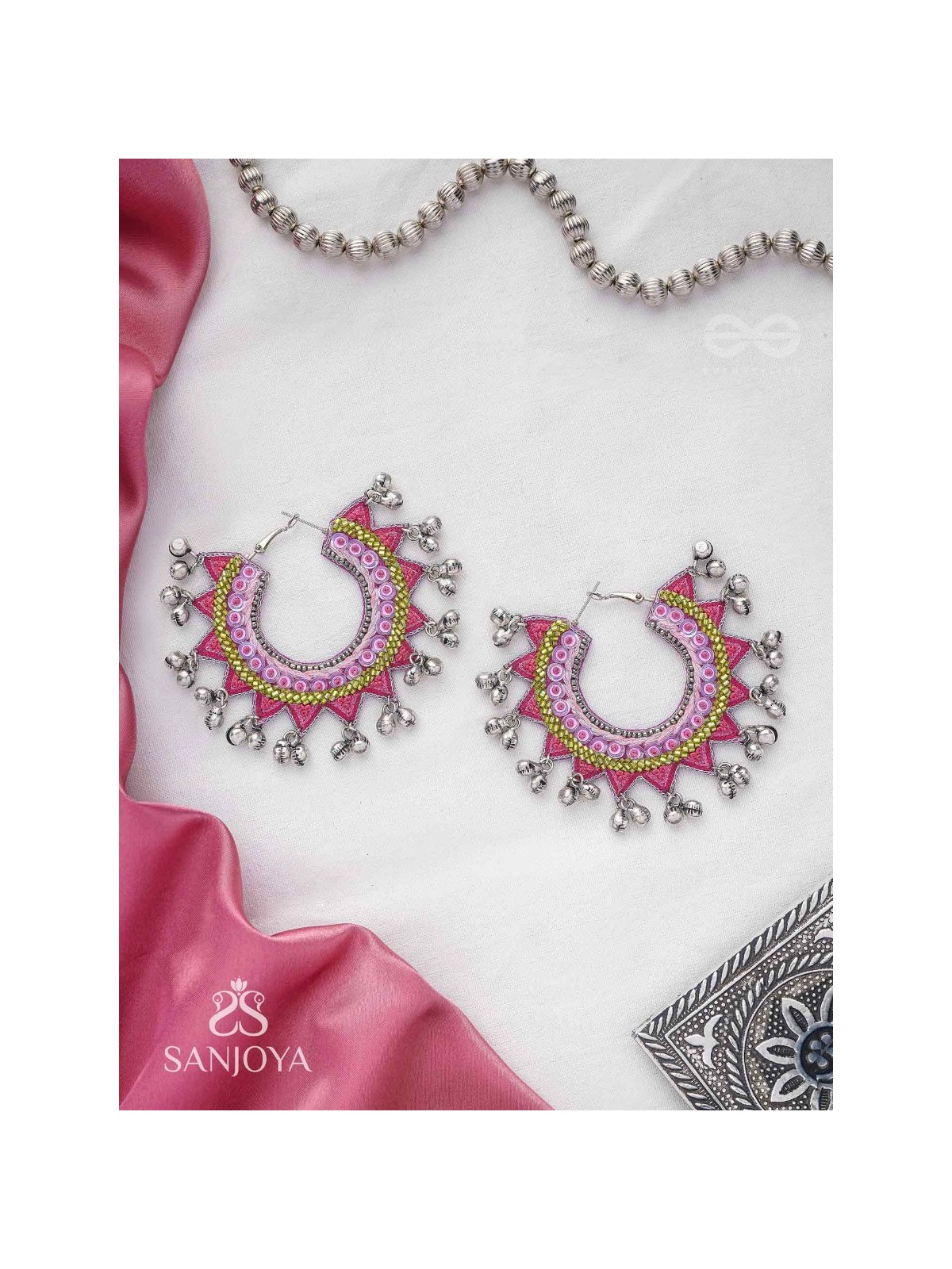 Ihaloka - The Circle Of Life - Sequins And Beads Hand Embroidered Oxidised Hoop Earrings