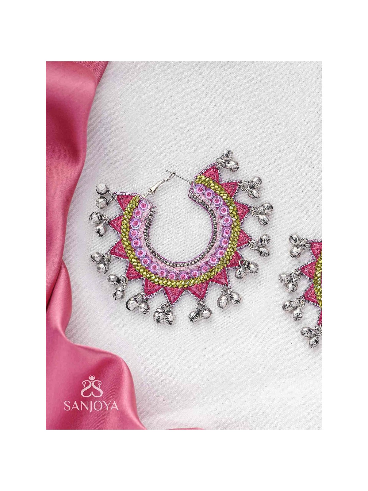 Ihaloka - The Circle Of Life - Sequins And Beads Hand Embroidered Oxidised Hoop Earrings