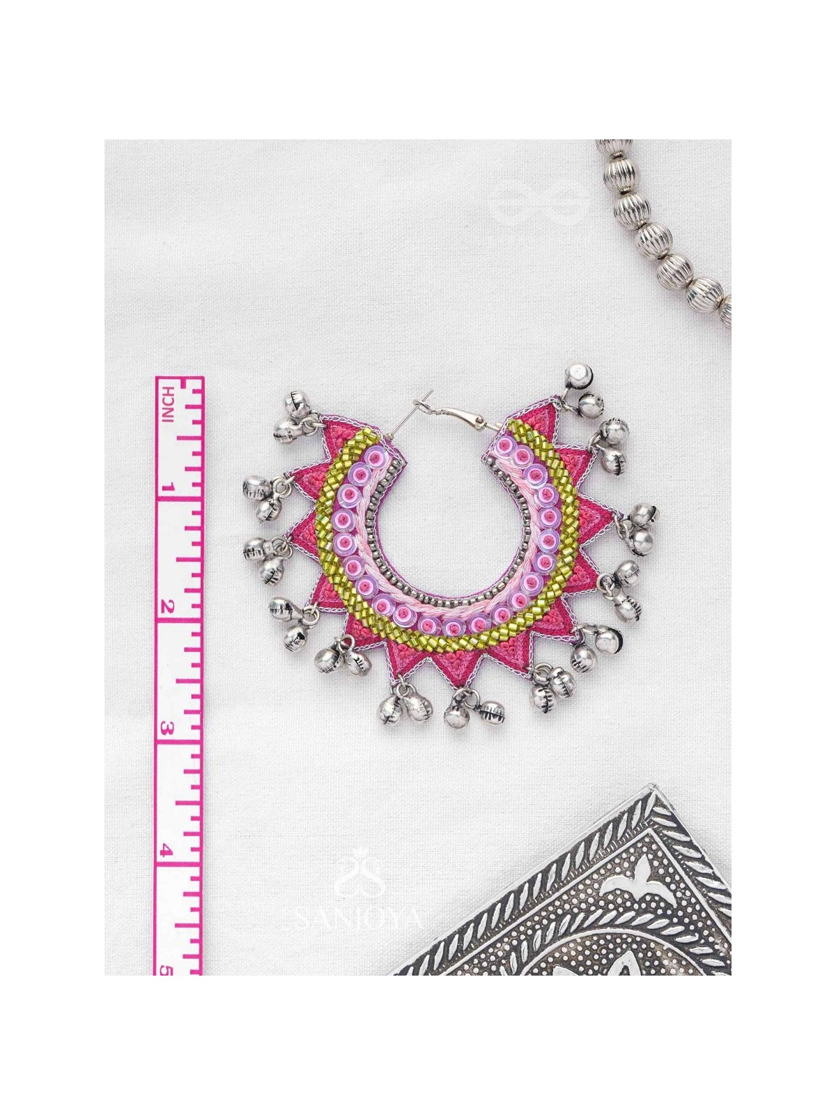 Ihaloka - The Circle Of Life - Sequins And Beads Hand Embroidered Oxidised Hoop Earrings