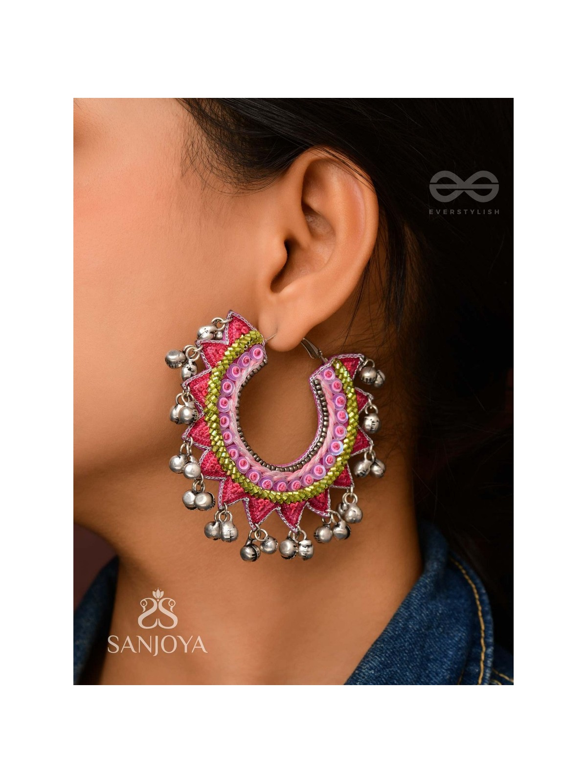 Ihaloka - The Circle Of Life - Sequins And Beads Hand Embroidered Oxidised Hoop Earrings
