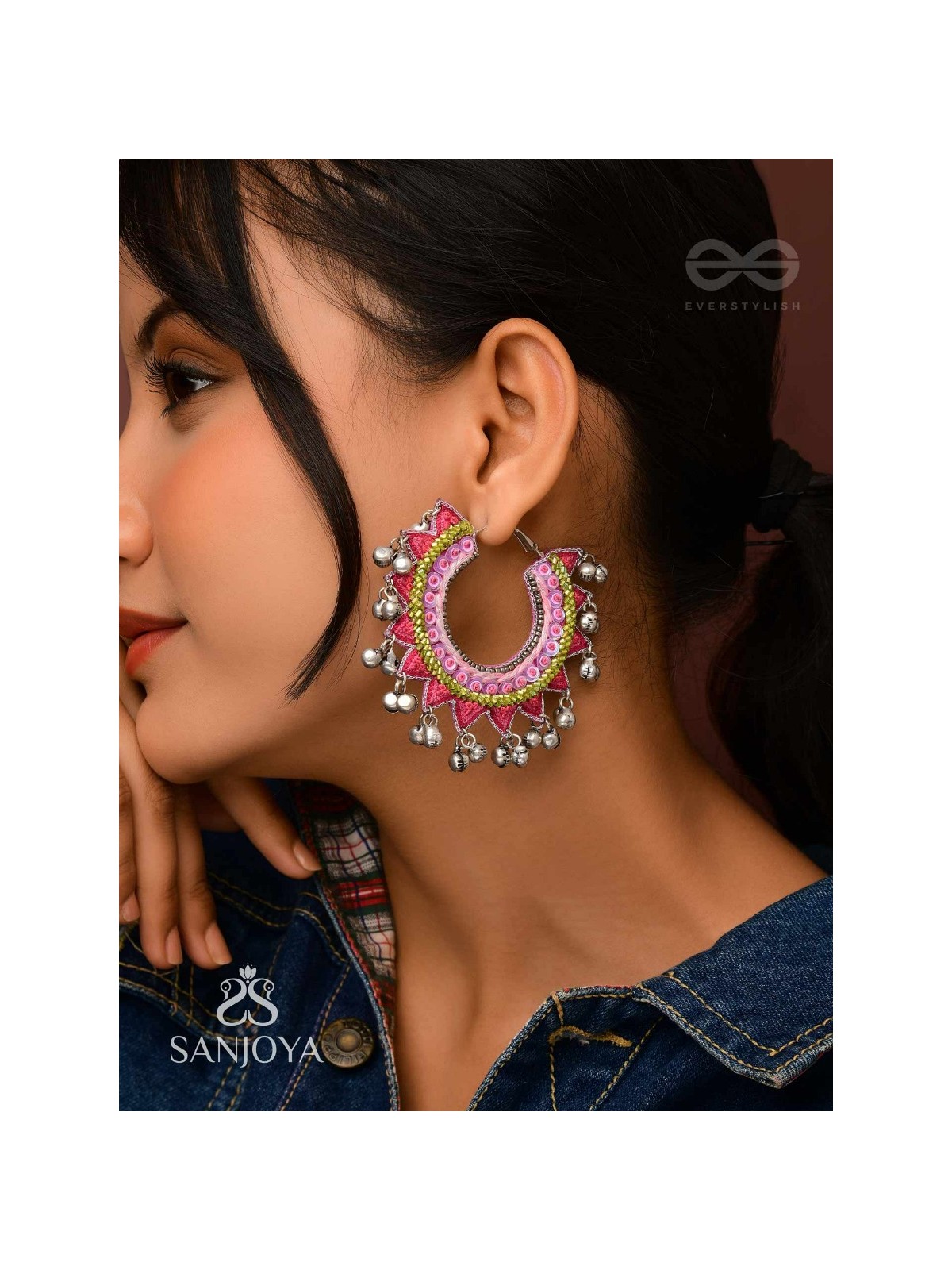 Ihaloka - The Circle Of Life - Sequins And Beads Hand Embroidered Oxidised Hoop Earrings
