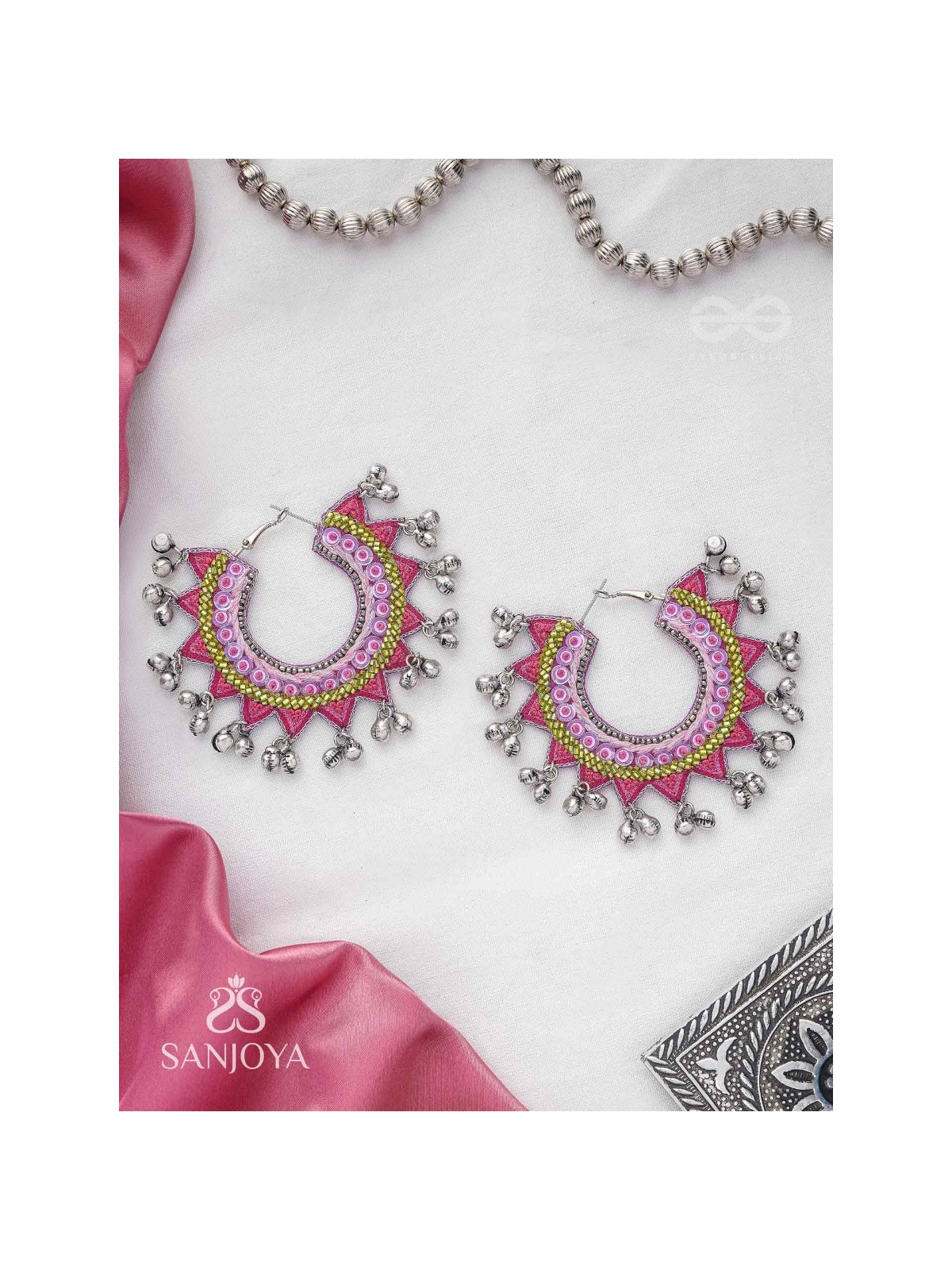 Ihaloka - The Circle Of Life - Sequins And Beads Hand Embroidered Oxidised Hoop Earrings
