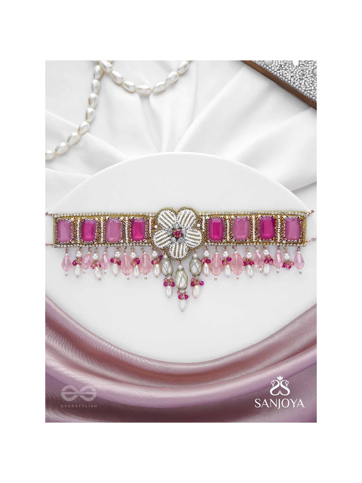 CHAANDIKUSUMA - THE ROYAL BLOSSOM- STONE, BEADS, GLASS AND PEARL DROPS HAND EMBROIDERED CHOKER NECKPIECE