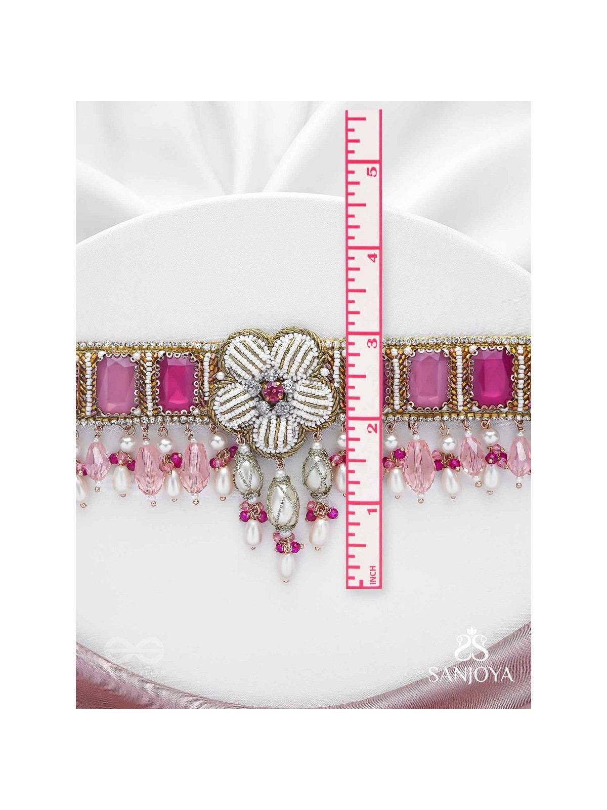 CHAANDIKUSUMA - THE ROYAL BLOSSOM- STONE, BEADS, GLASS AND PEARL DROPS HAND EMBROIDERED CHOKER NECKPIECE