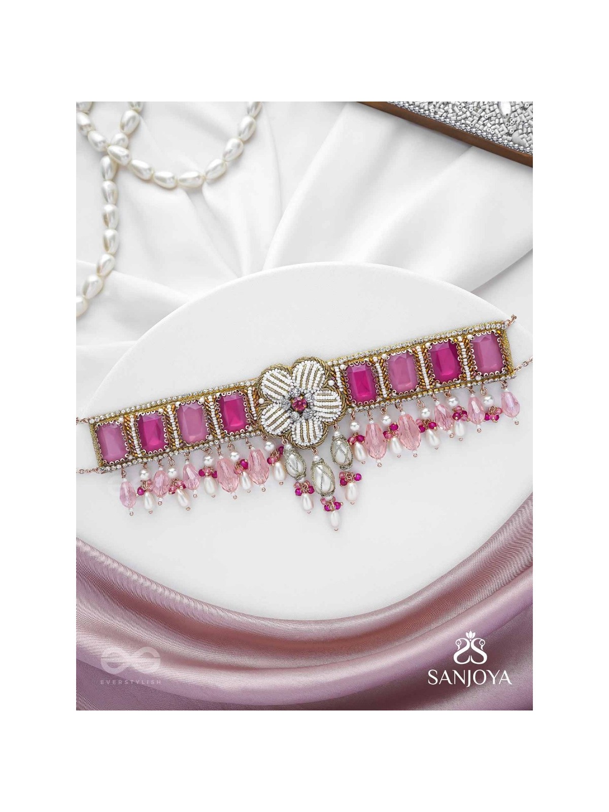 CHAANDIKUSUMA - THE ROYAL BLOSSOM- STONE, BEADS, GLASS AND PEARL DROPS HAND EMBROIDERED CHOKER NECKPIECE