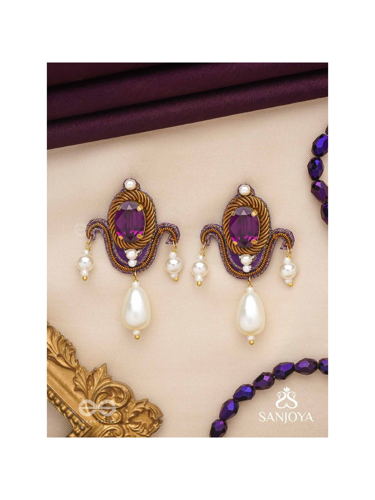 Ankusi- The Angel's Souvenir- Stones And Pearl Drops Hand Embroidered Earrings