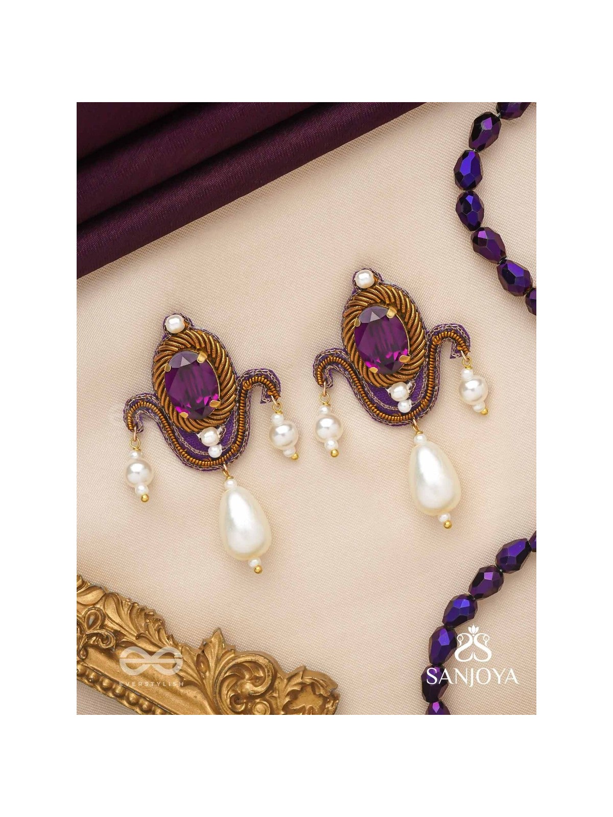 Ankusi- The Angel's Souvenir- Stones And Pearl Drops Hand Embroidered Earrings