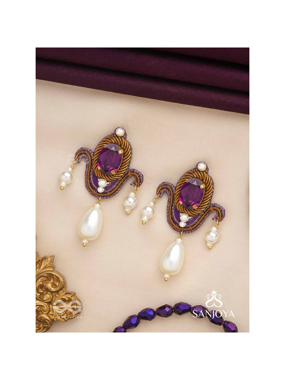 Ankusi- The Angel's Souvenir- Stones And Pearl Drops Hand Embroidered Earrings