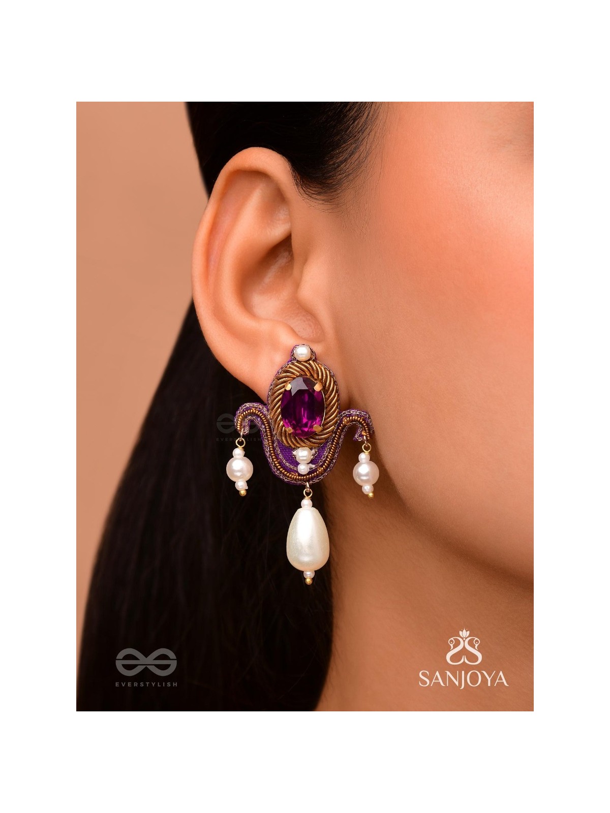 Ankusi- The Angel's Souvenir- Stones And Pearl Drops Hand Embroidered Earrings