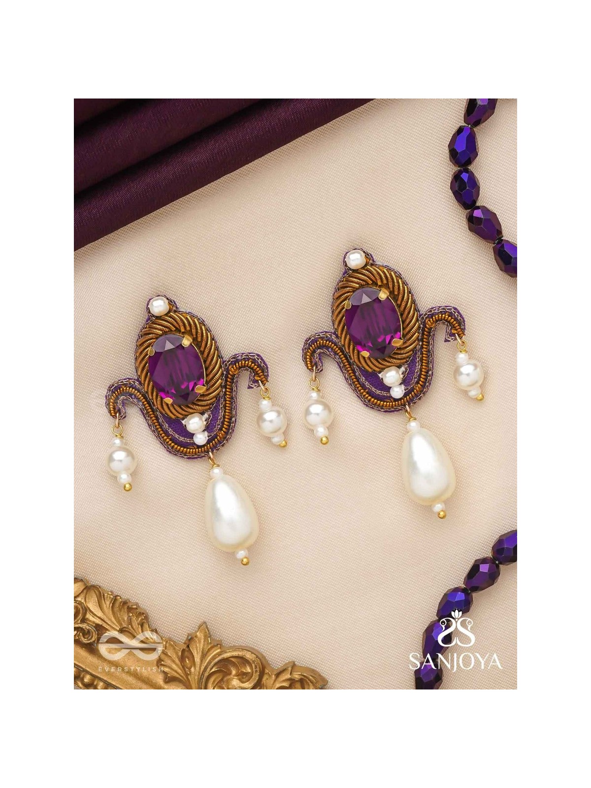 Ankusi- The Angel's Souvenir- Stones And Pearl Drops Hand Embroidered Earrings