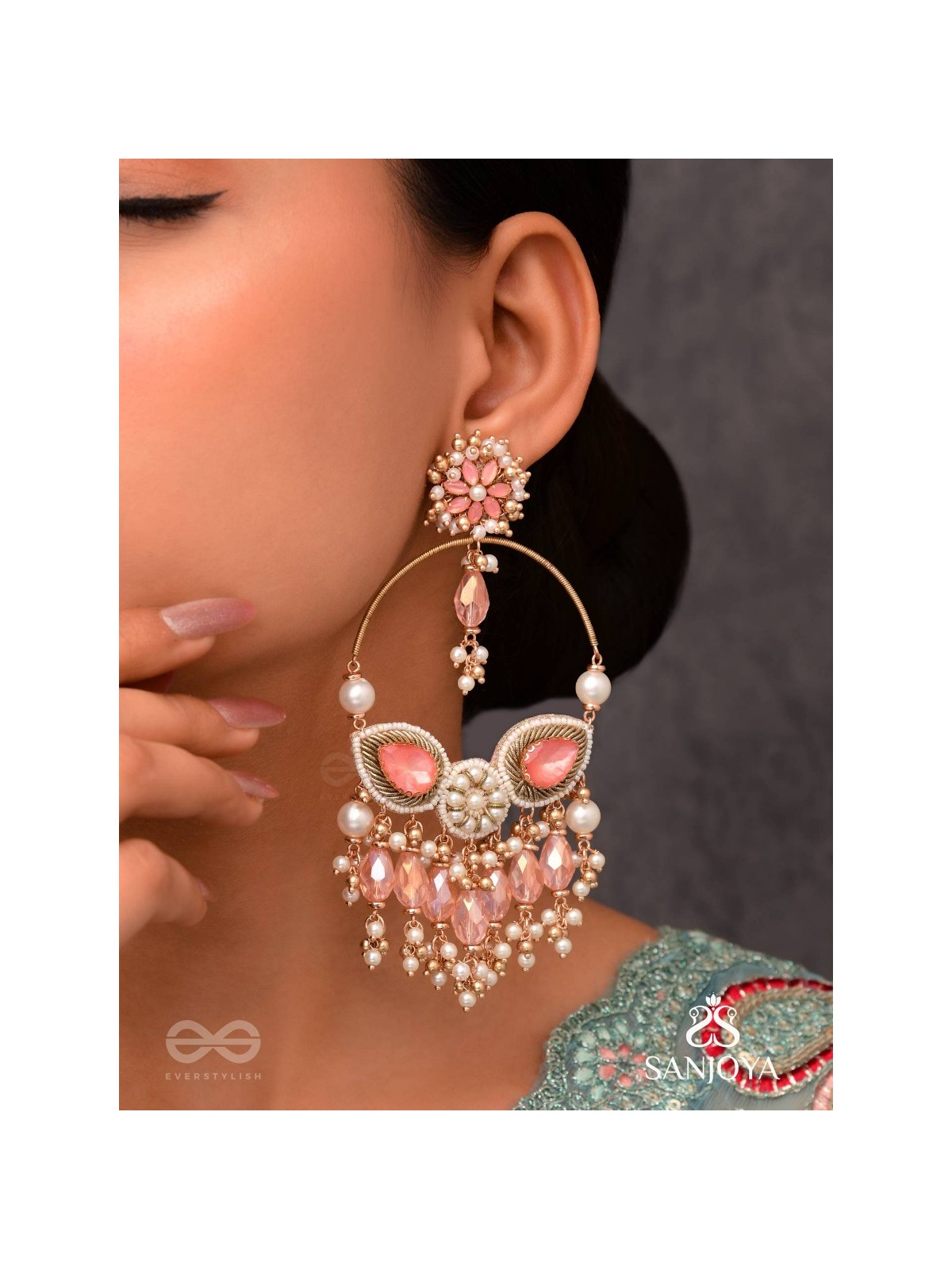 Satpushpa- The Blooming Grace- Stones, Beads, Pearls And Glass Drops Hand Embroidered Earrings