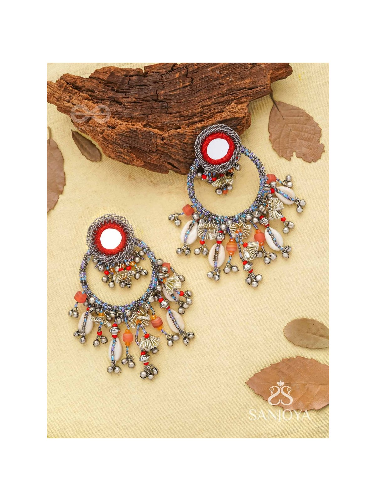 Pradhma - The Ocean Treasures - Beads, Mirror And Shells Hand Embroidered Oxidised Earrings