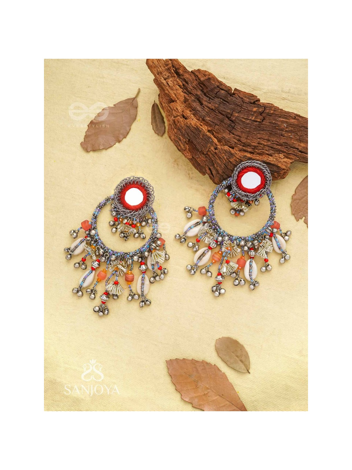 Pradhma - The Ocean Treasures - Beads, Mirror And Shells Hand Embroidered Oxidised Earrings