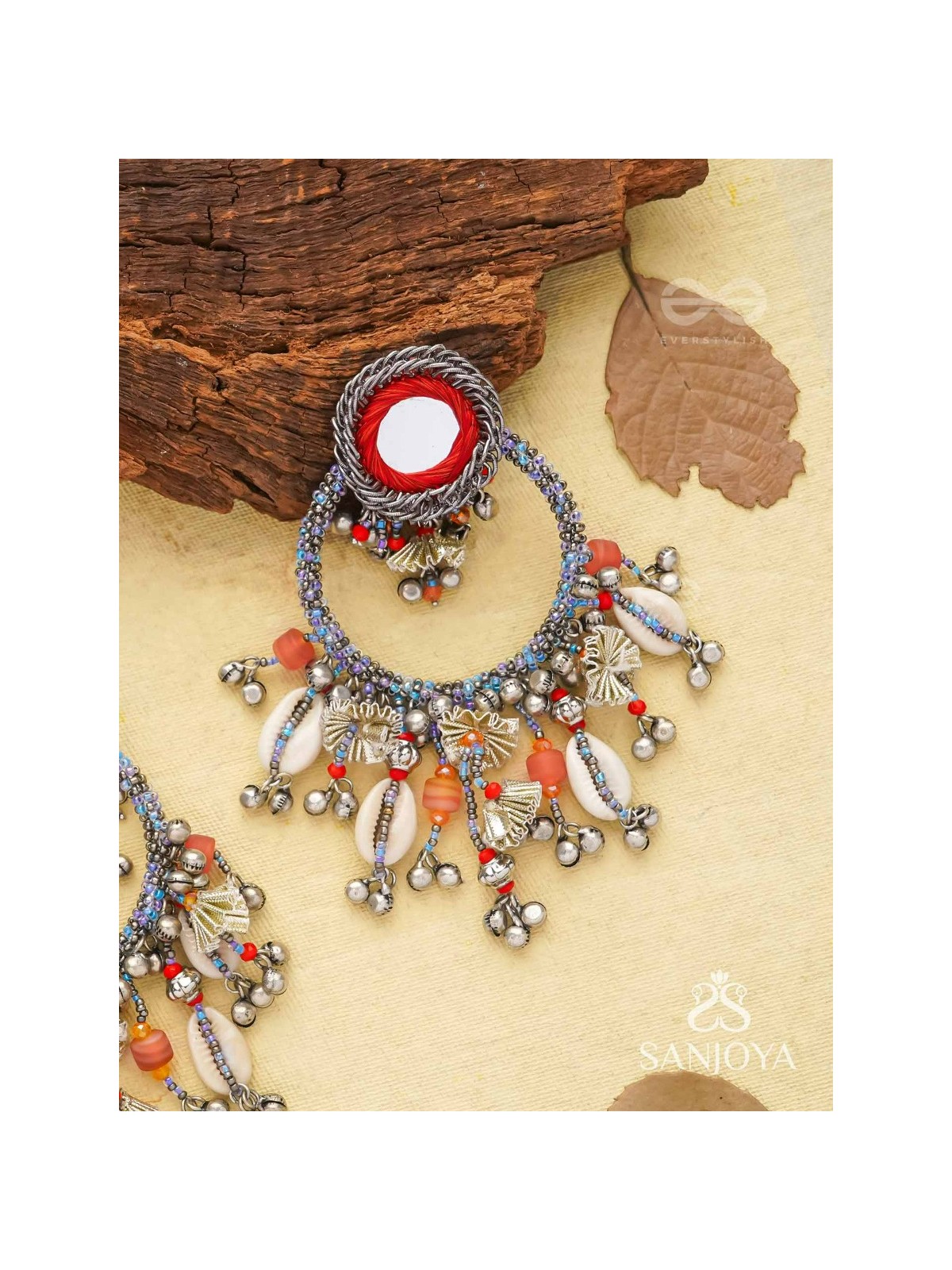 Pradhma - The Ocean Treasures - Beads, Mirror And Shells Hand Embroidered Oxidised Earrings