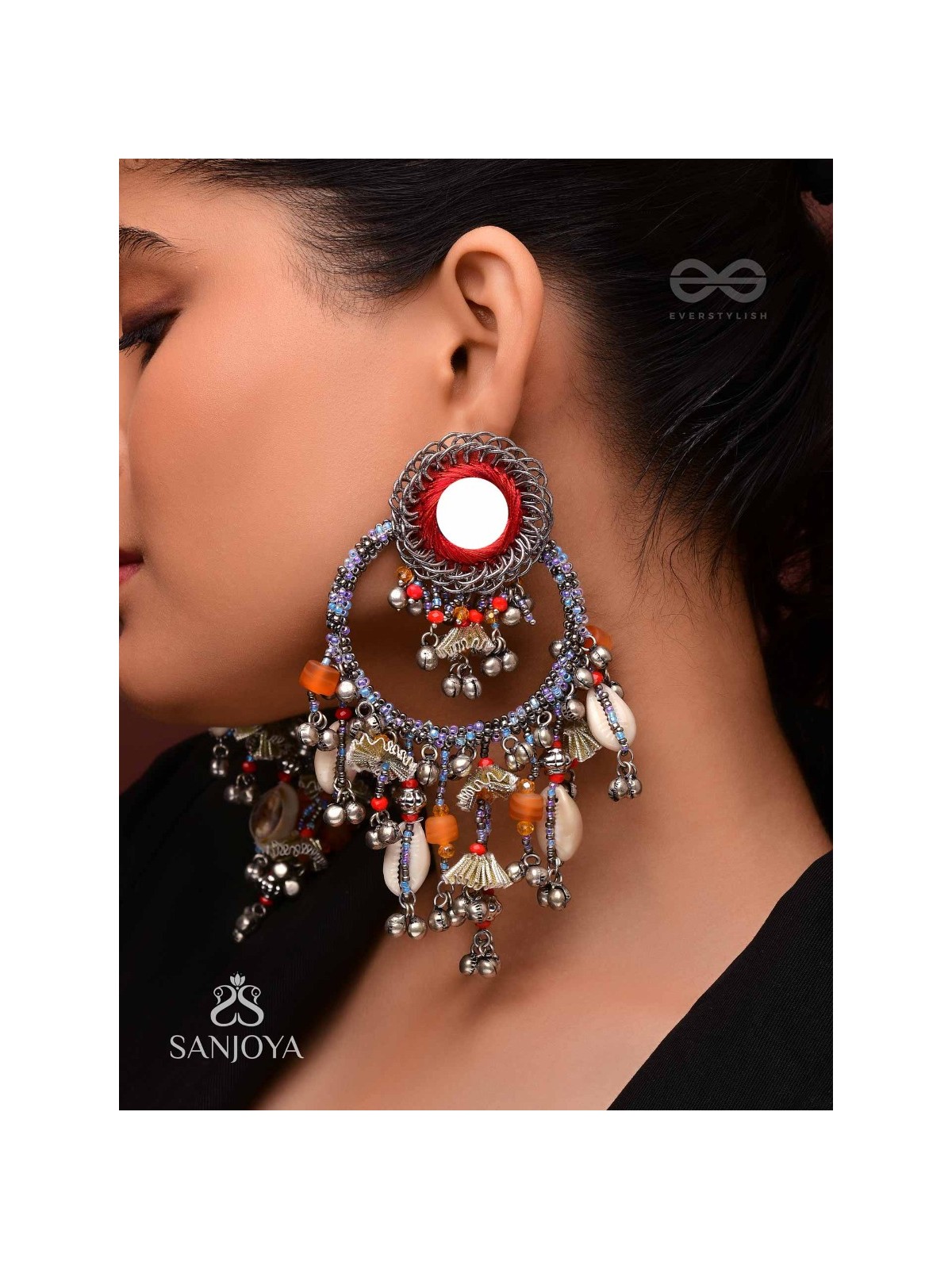 Pradhma - The Ocean Treasures - Beads, Mirror And Shells Hand Embroidered Oxidised Earrings