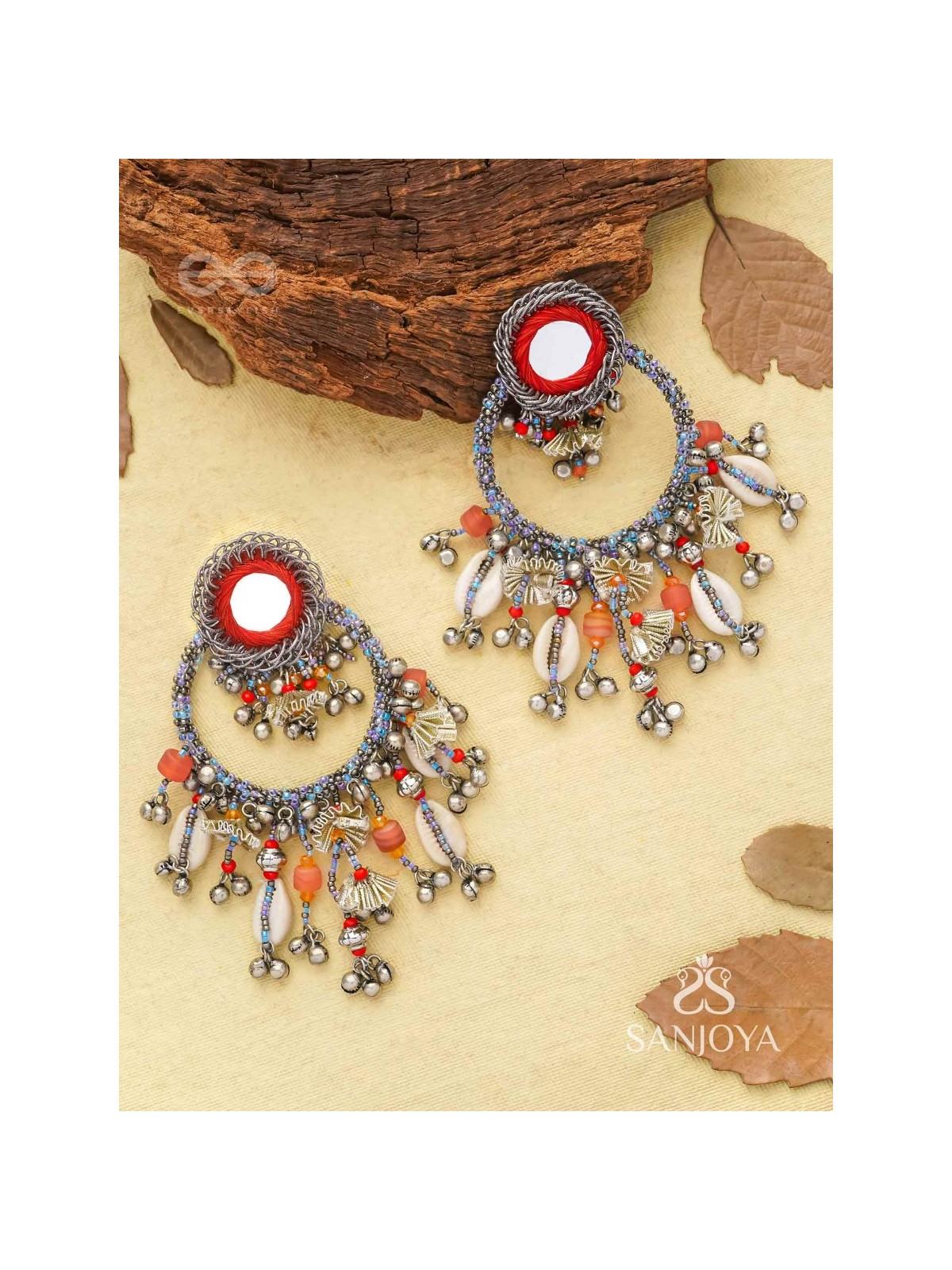 Pradhma - The Ocean Treasures - Beads, Mirror And Shells Hand Embroidered Oxidised Earrings