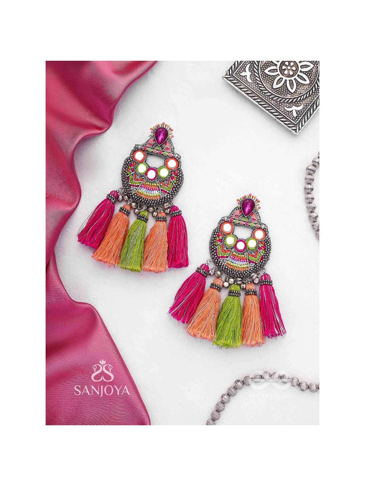 Ksipra - Shades Of Spring - Beads, Mirror And Sequins Hand Embroidered Oxidised Earrings