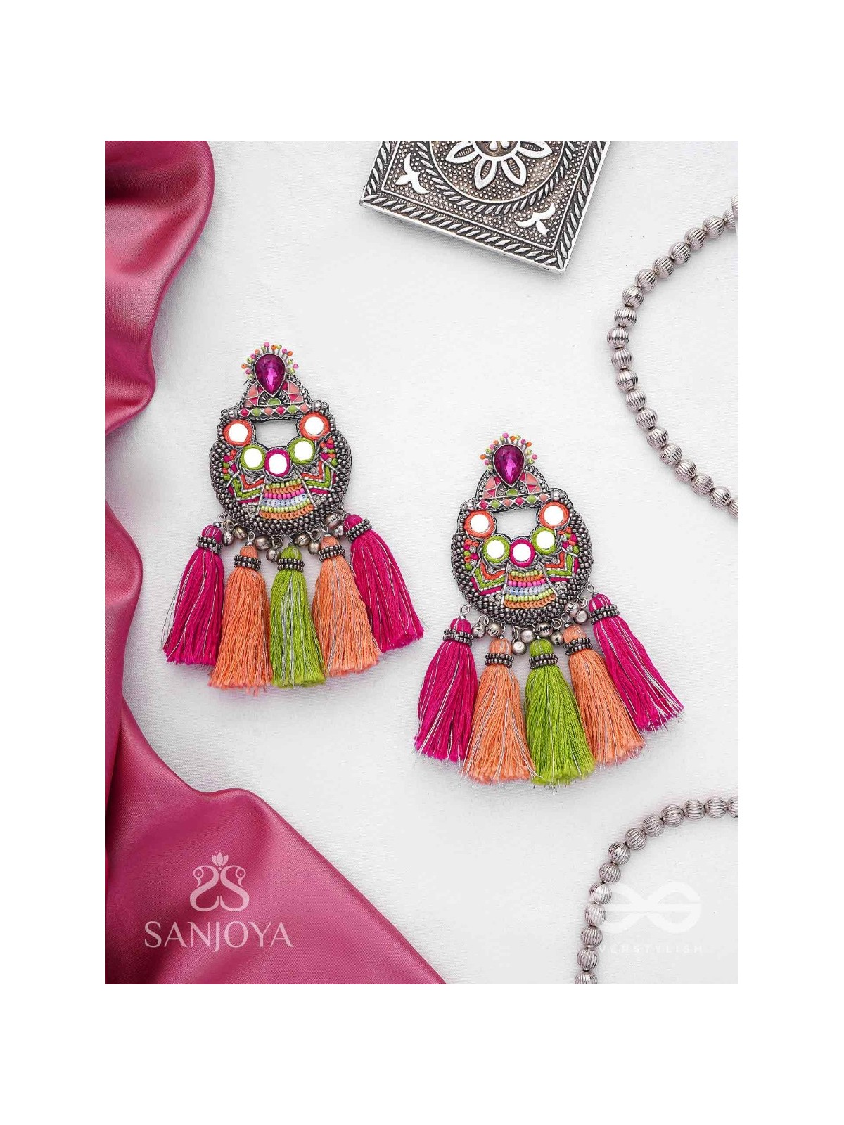 Ksipra - Shades Of Spring - Beads, Mirror And Sequins Hand Embroidered Oxidised Earrings