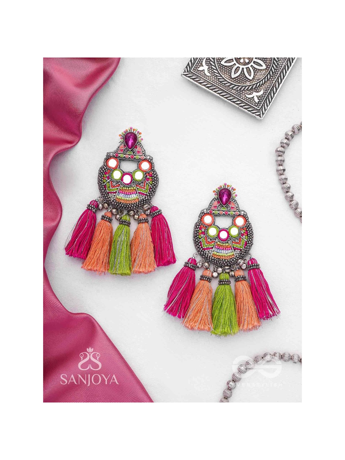 Ksipra - Shades Of Spring - Beads, Mirror And Sequins Hand Embroidered Oxidised Earrings