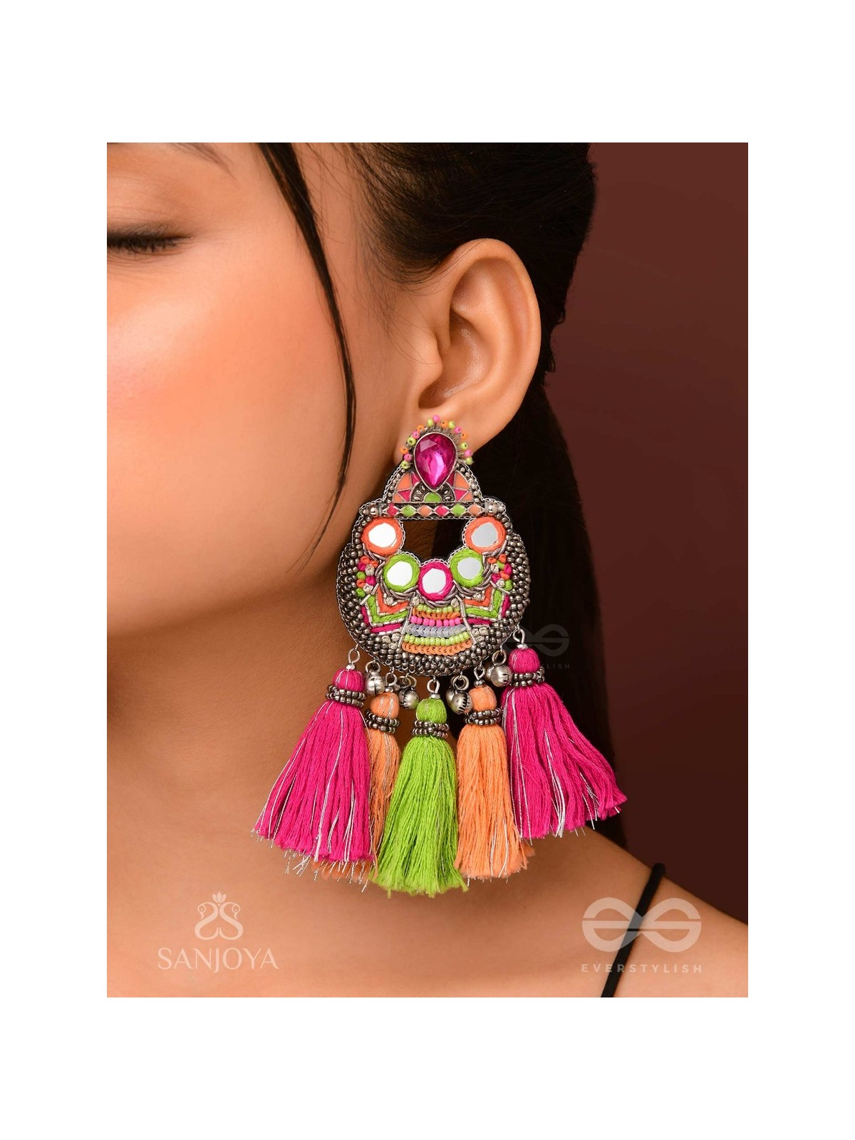 Ksipra - Shades Of Spring - Beads, Mirror And Sequins Hand Embroidered Oxidised Earrings