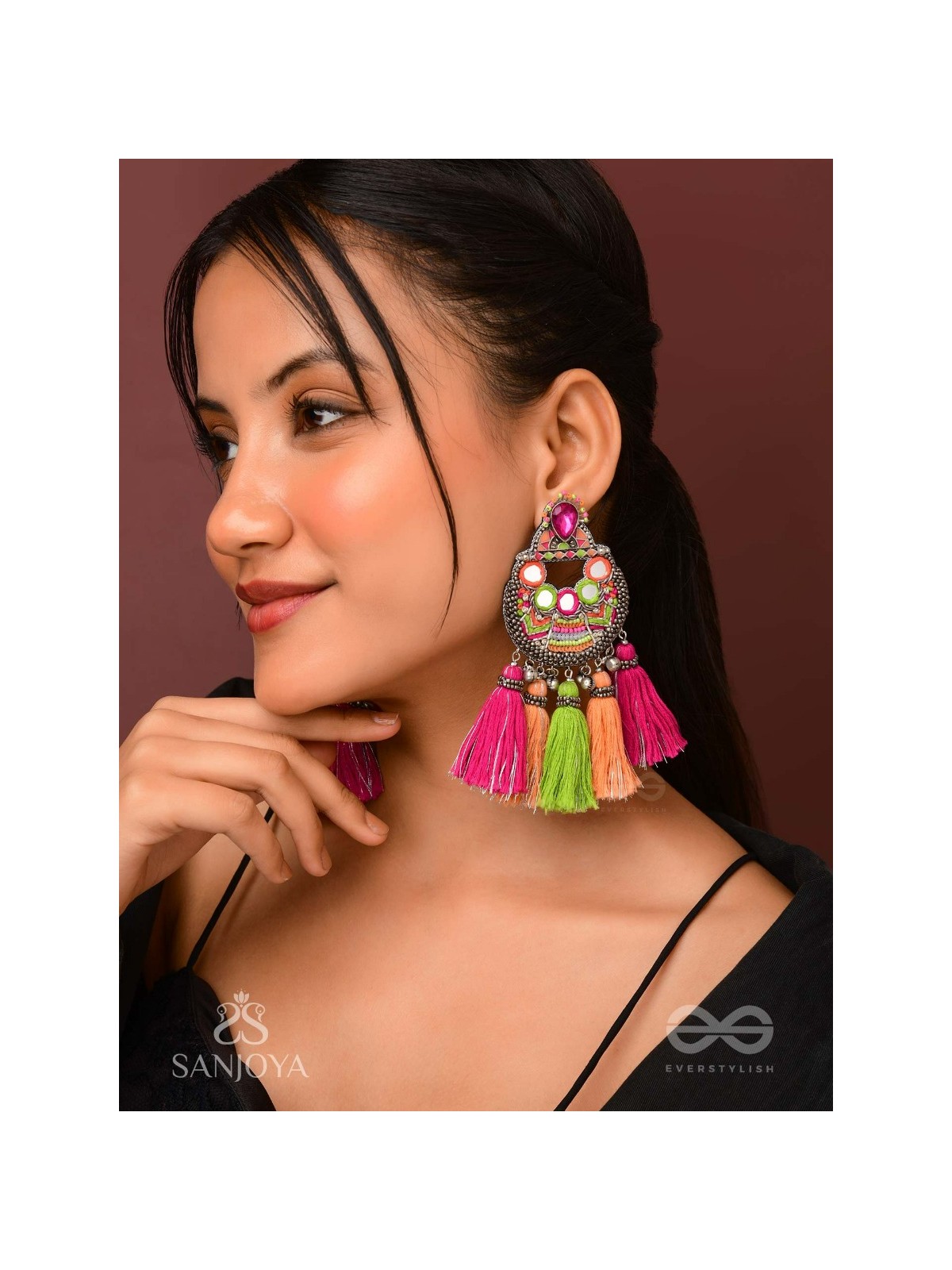 Ksipra - Shades Of Spring - Beads, Mirror And Sequins Hand Embroidered Oxidised Earrings