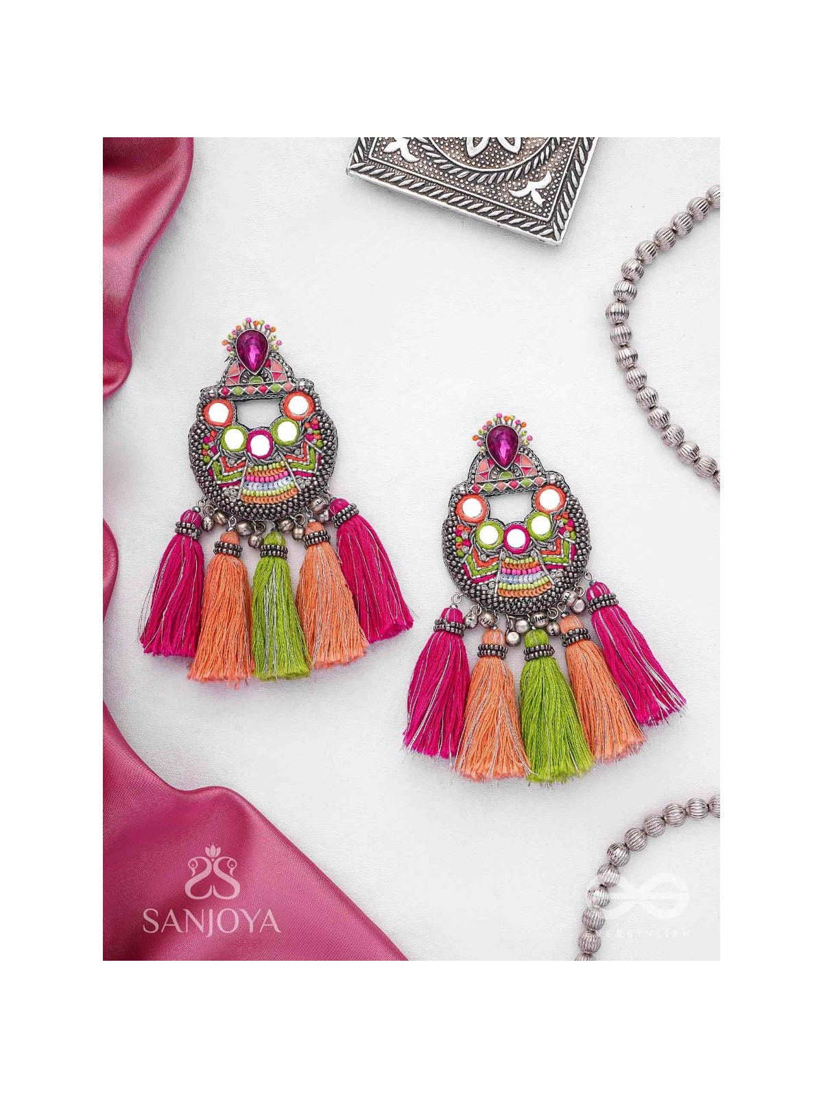 Ksipra - Shades Of Spring - Beads, Mirror And Sequins Hand Embroidered Oxidised Earrings