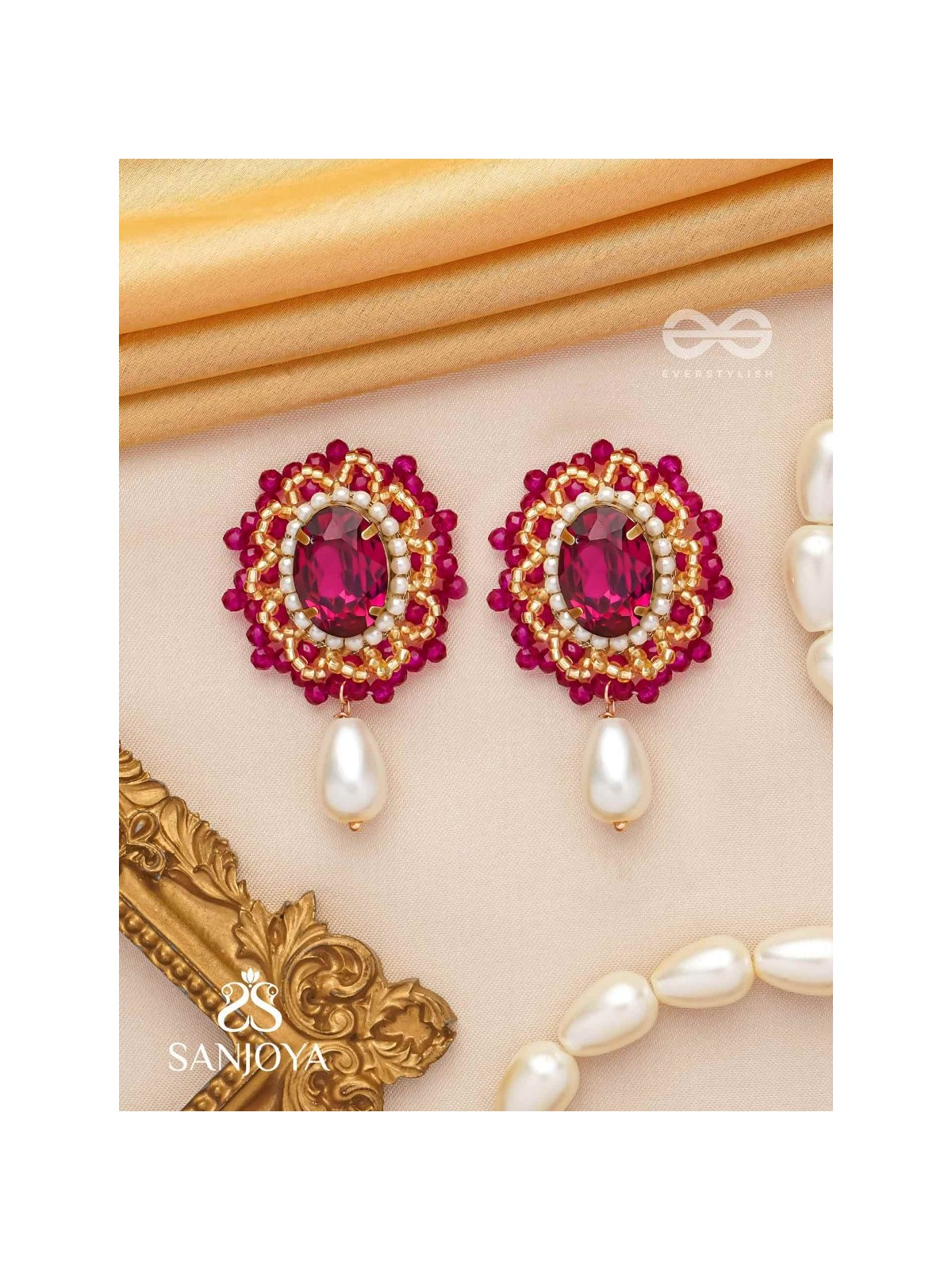 Vasatya- The Pink Dust- Stones, Beads And Pearl Drops Hand Embroidered Earrings