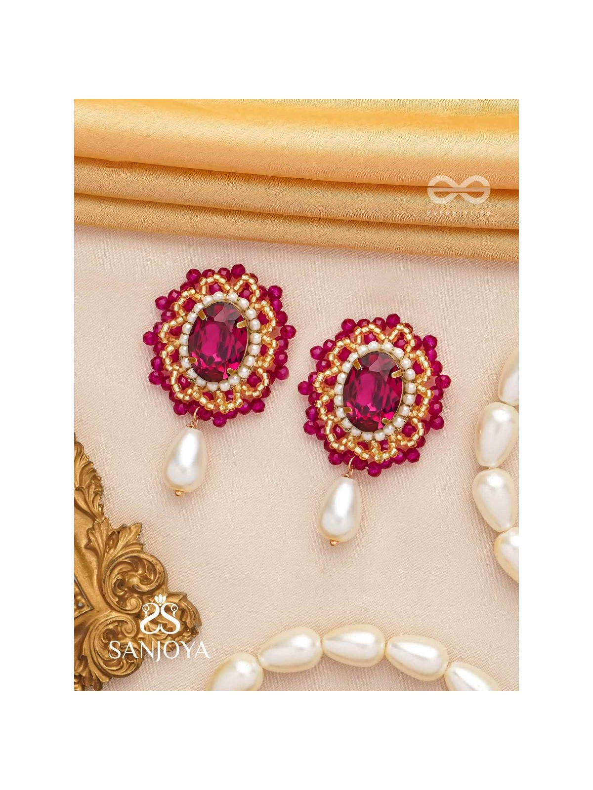 Vasatya- The Pink Dust- Stones, Beads And Pearl Drops Hand Embroidered Earrings