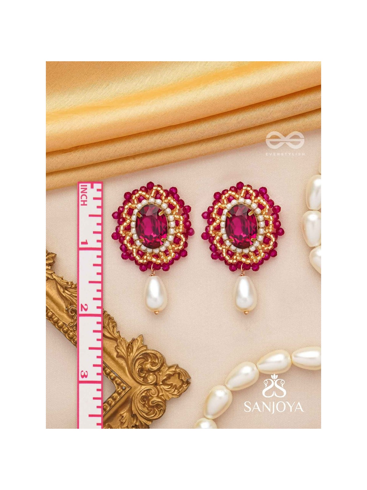 Vasatya- The Pink Dust- Stones, Beads And Pearl Drops Hand Embroidered Earrings