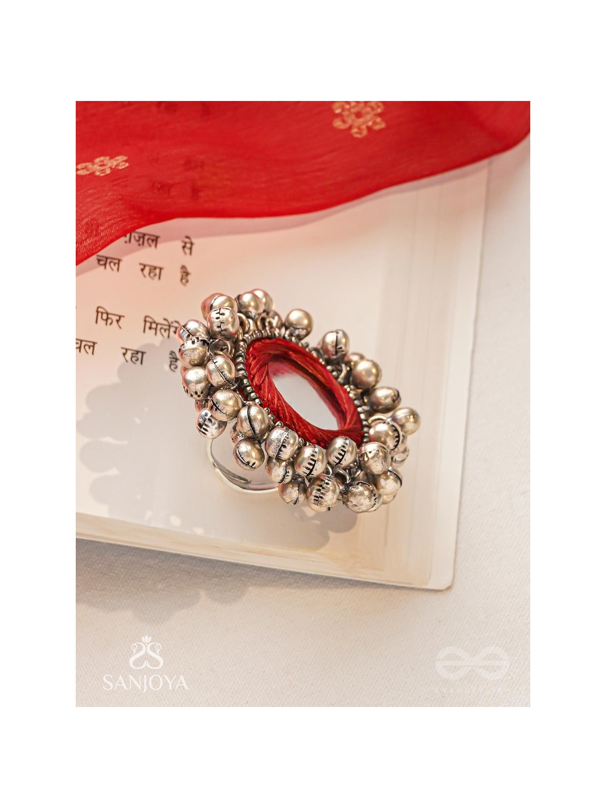 Ankara - The Tinkling Melodies - Beads And Mirror Hand Embroidered Oxidised Ring