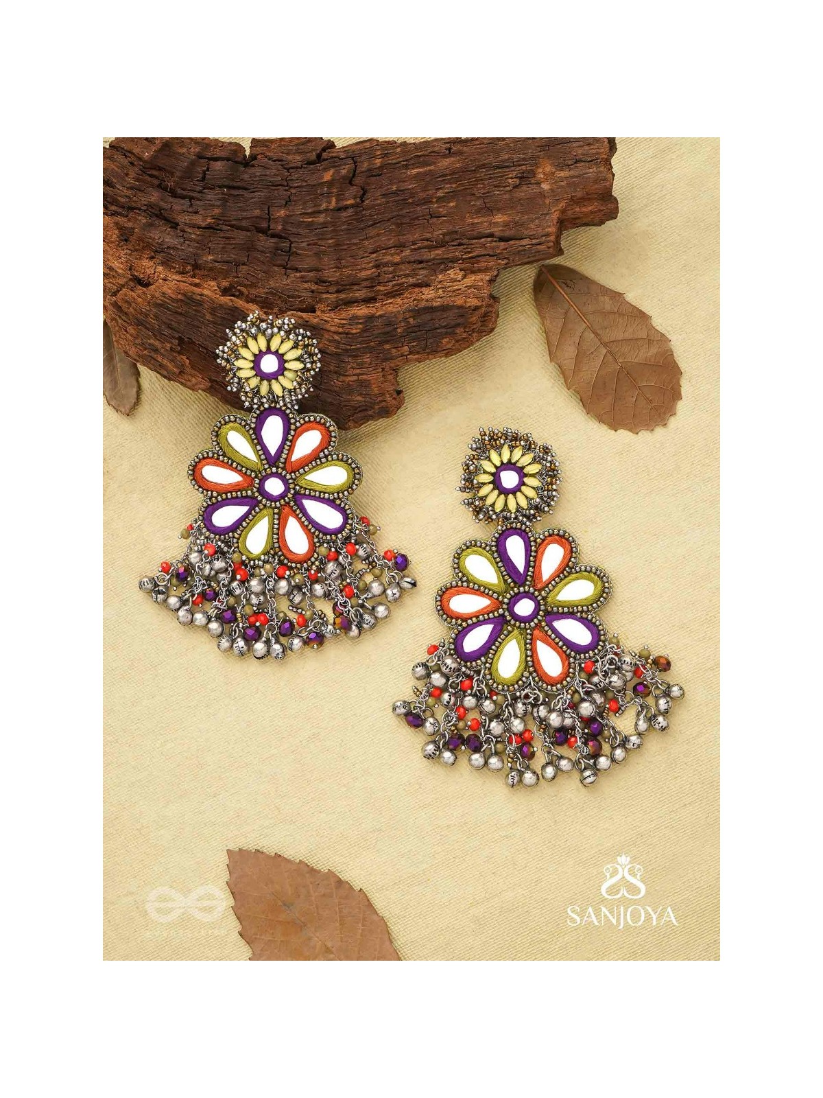 Ambuvasini - The Angel's Flower - Mirror, Resham And Beads Hand Embroidered Oxidised Earrings