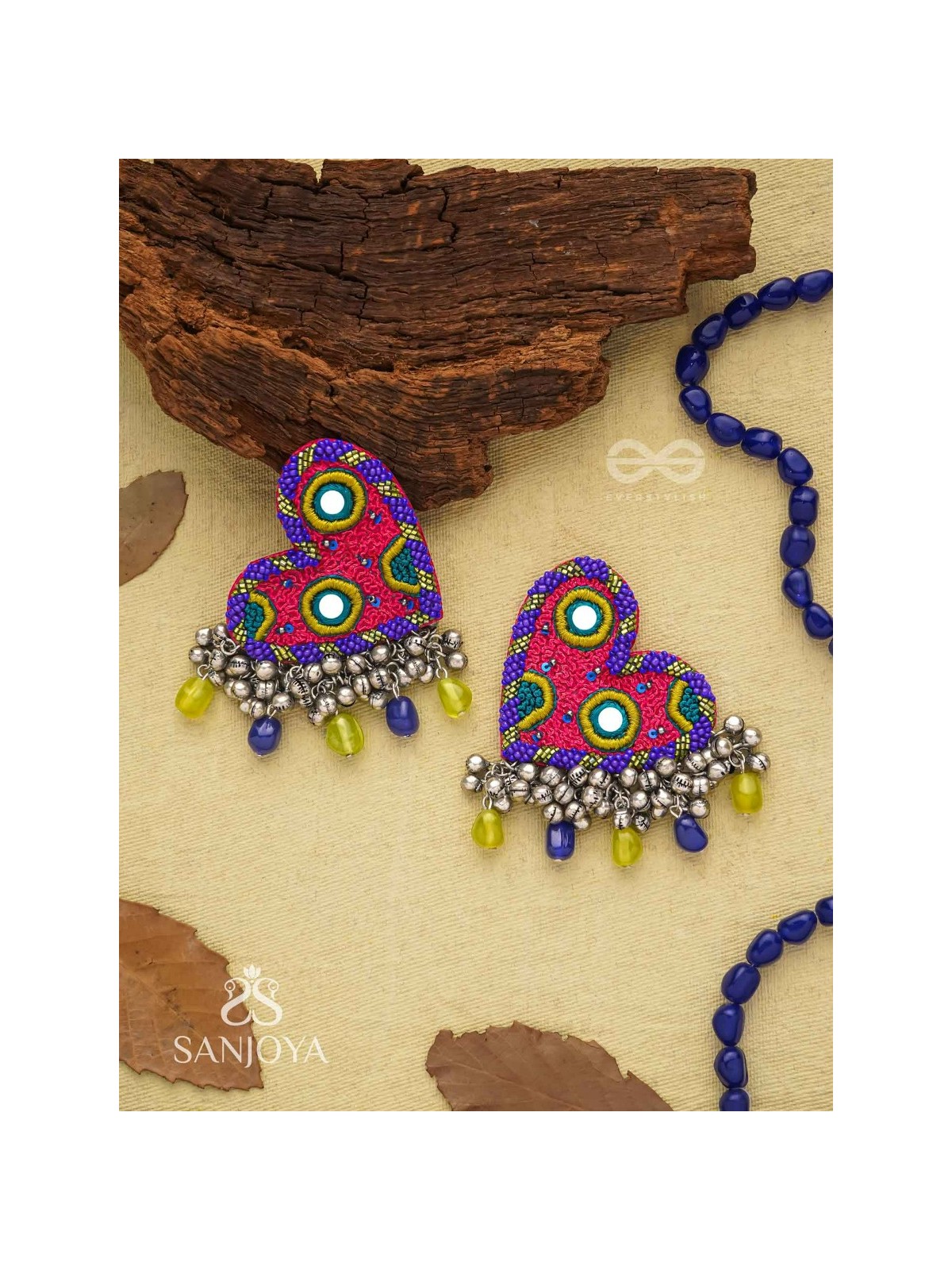 Hrdayanuga - Sound Of The Heart - Beads, Mirror And Glass Drops Hand Embroidered Oxidised Earrings