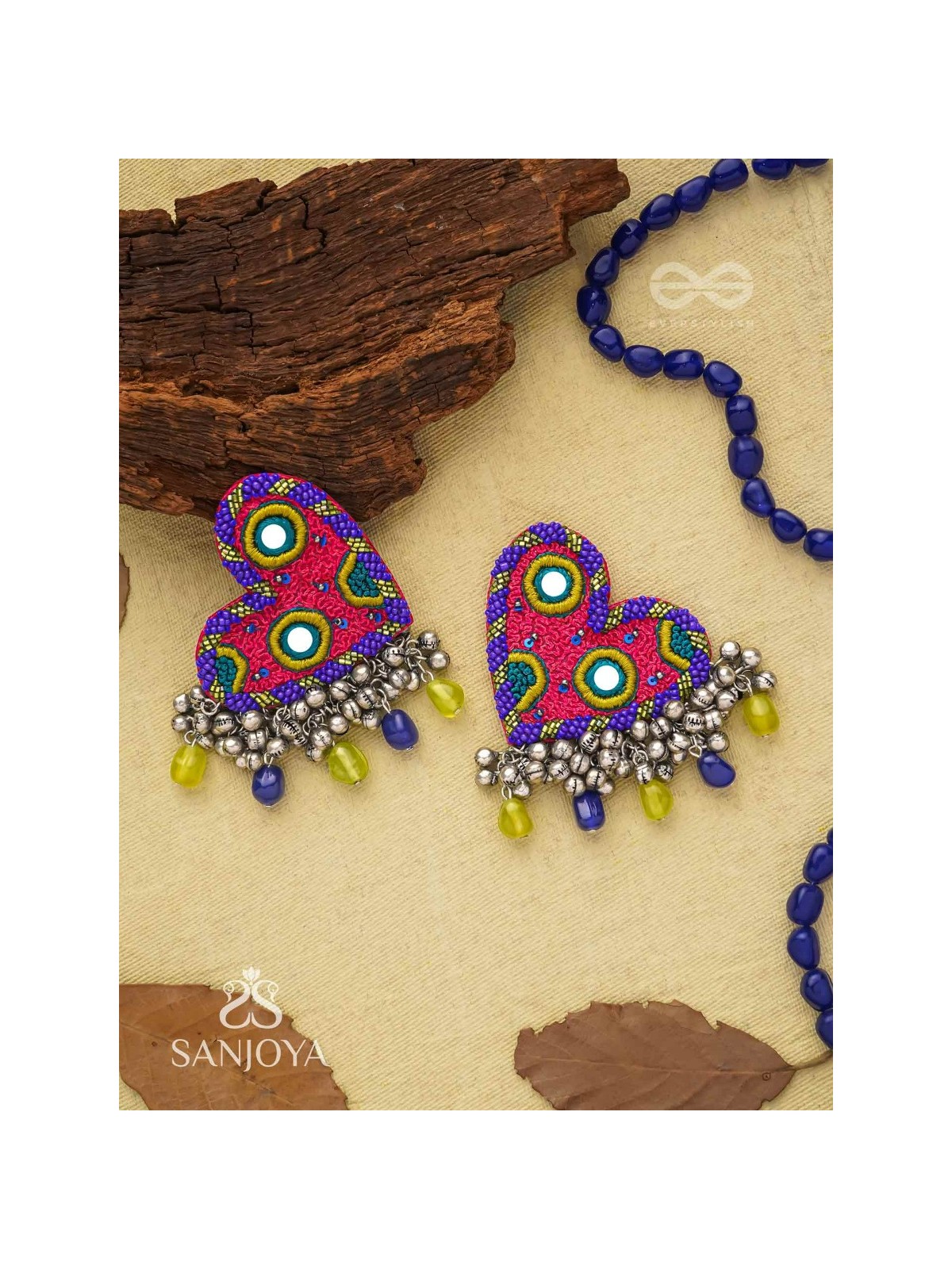 Hrdayanuga - Sound Of The Heart - Beads, Mirror And Glass Drops Hand Embroidered Oxidised Earrings