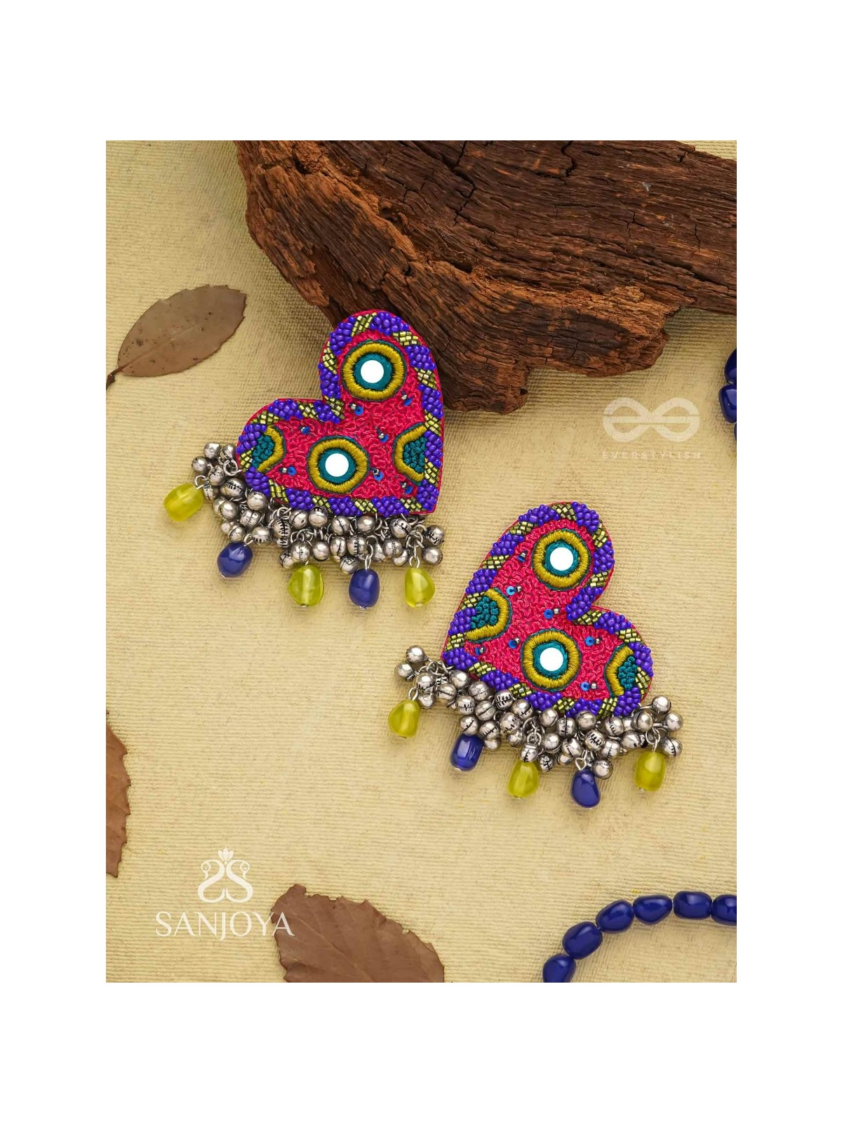 Hrdayanuga - Sound Of The Heart - Beads, Mirror And Glass Drops Hand Embroidered Oxidised Earrings