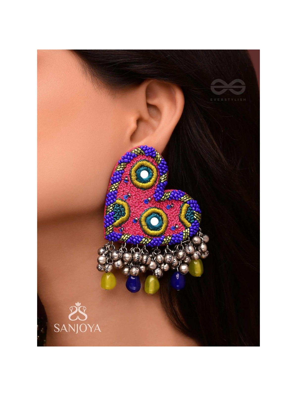 Hrdayanuga - Sound Of The Heart - Beads, Mirror And Glass Drops Hand Embroidered Oxidised Earrings