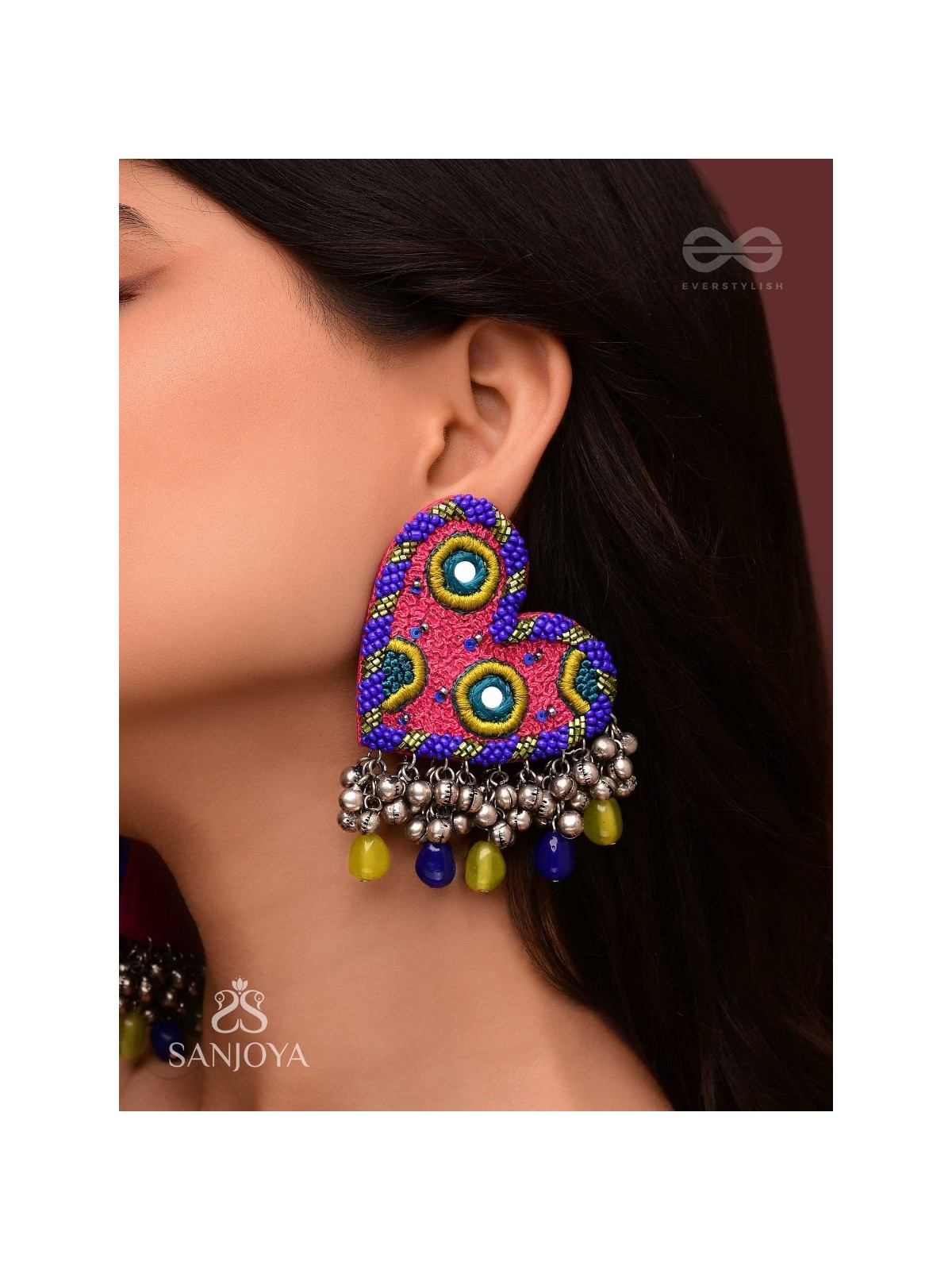 Hrdayanuga - Sound Of The Heart - Beads, Mirror And Glass Drops Hand Embroidered Oxidised Earrings