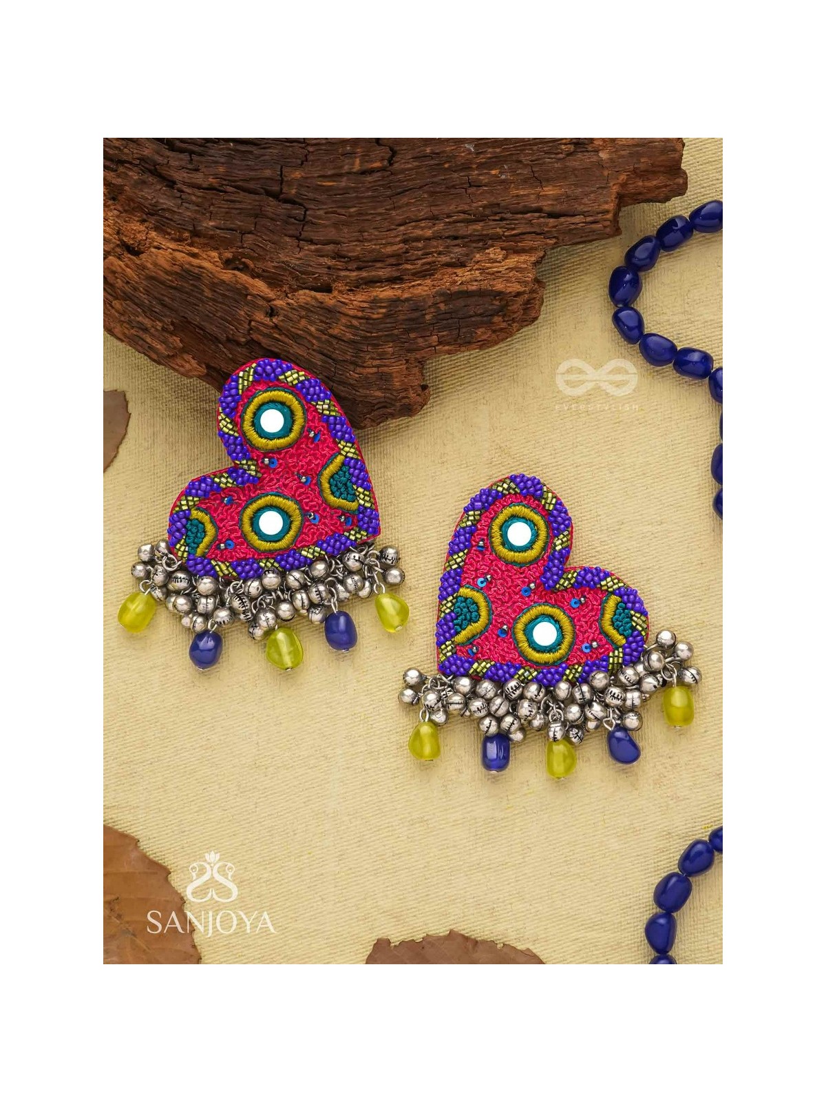 Hrdayanuga - Sound Of The Heart - Beads, Mirror And Glass Drops Hand Embroidered Oxidised Earrings