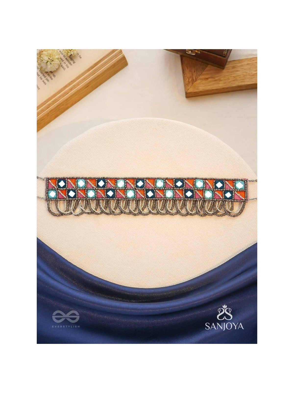 Dyupatha - The Sky Horizon - Mirror And Beads Hand Embroidered Oxidised Neckpiece