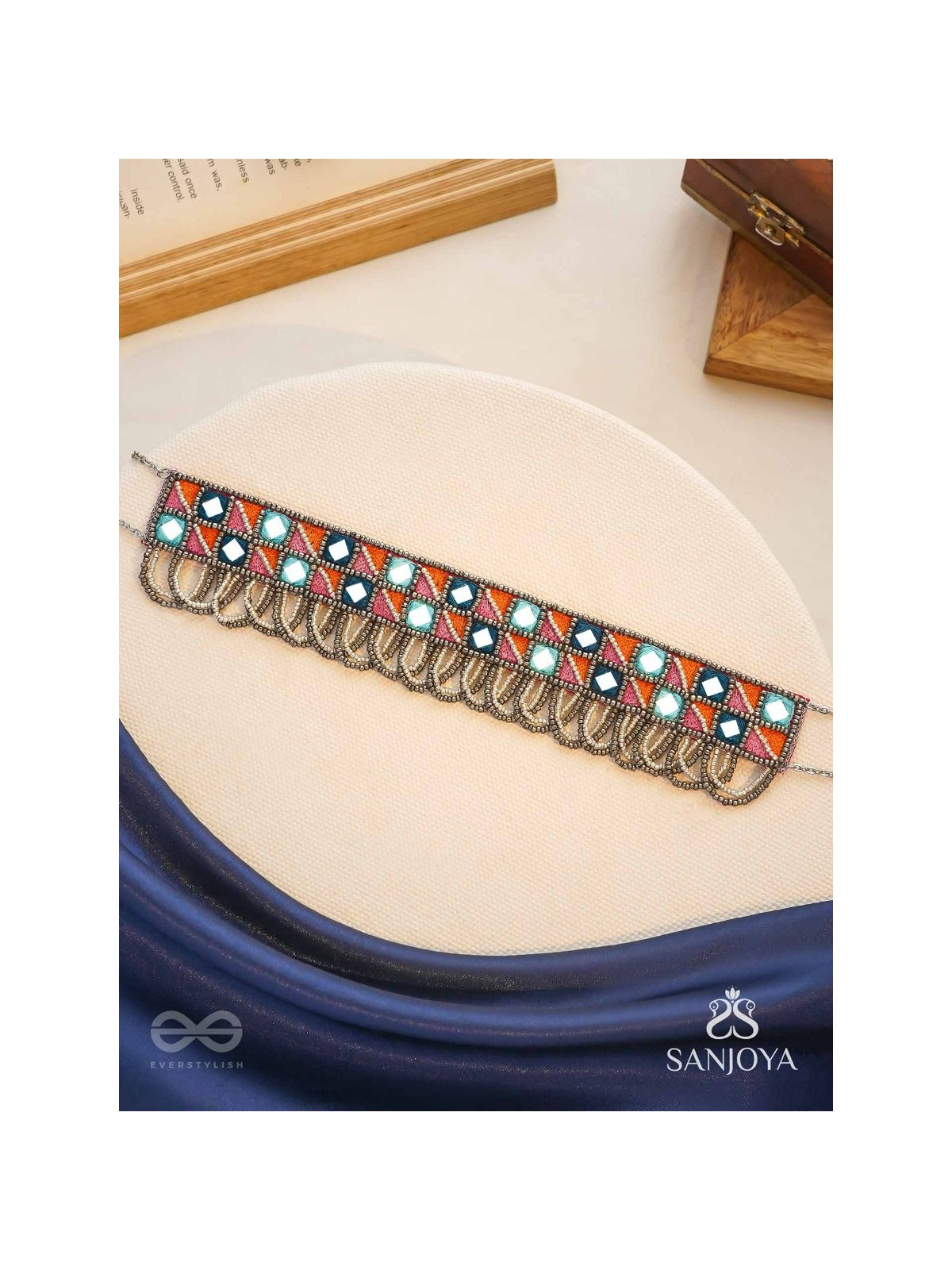 Dyupatha - The Sky Horizon - Mirror And Beads Hand Embroidered Oxidised Neckpiece