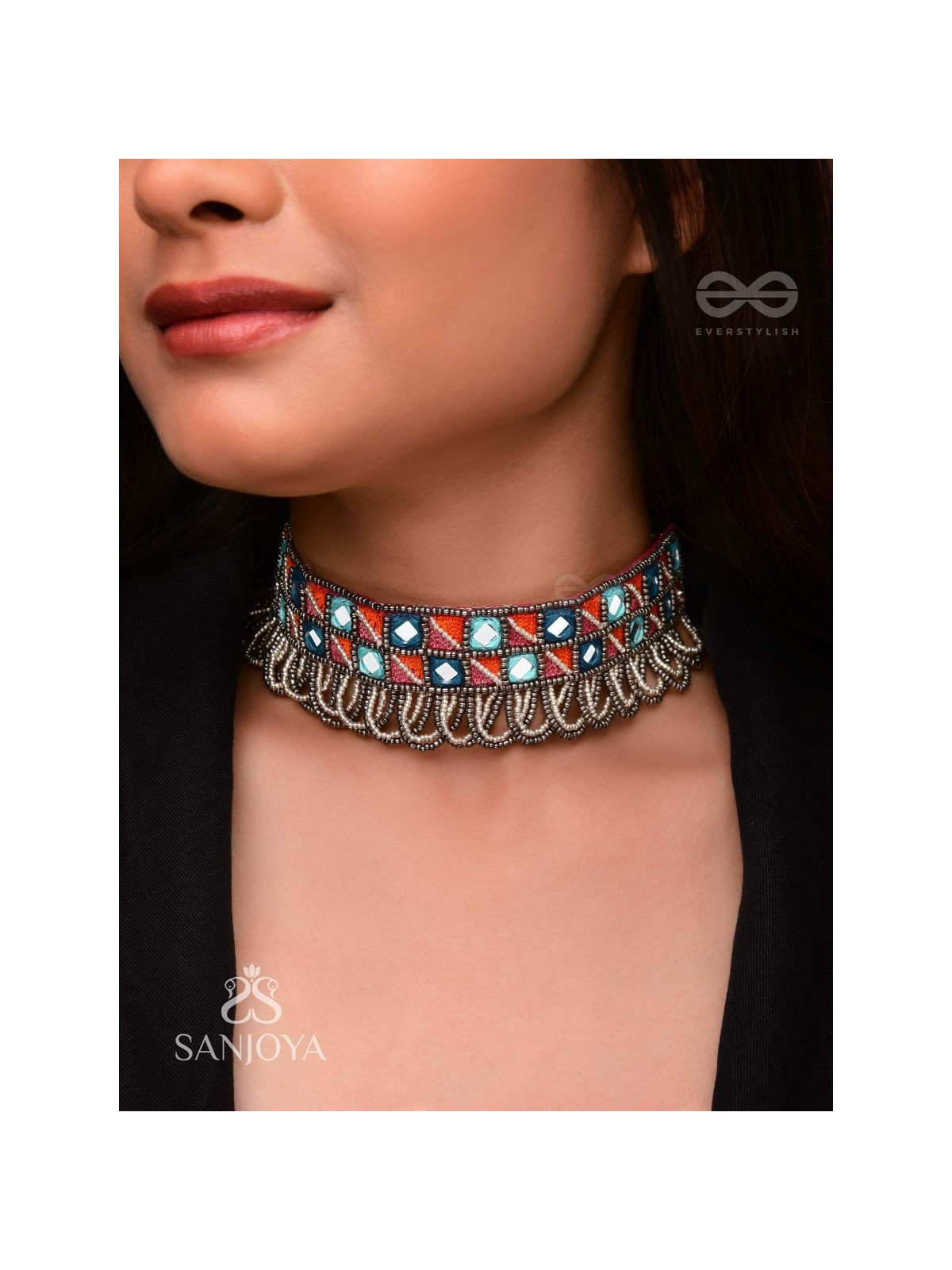 Dyupatha - The Sky Horizon - Mirror And Beads Hand Embroidered Oxidised Neckpiece