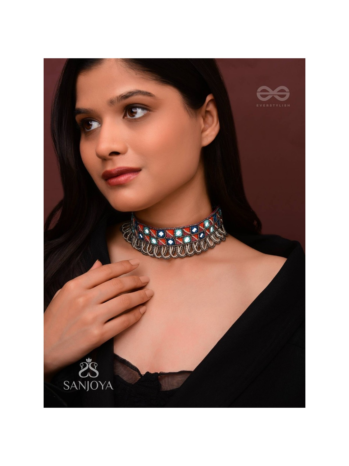 Dyupatha - The Sky Horizon - Mirror And Beads Hand Embroidered Oxidised Neckpiece