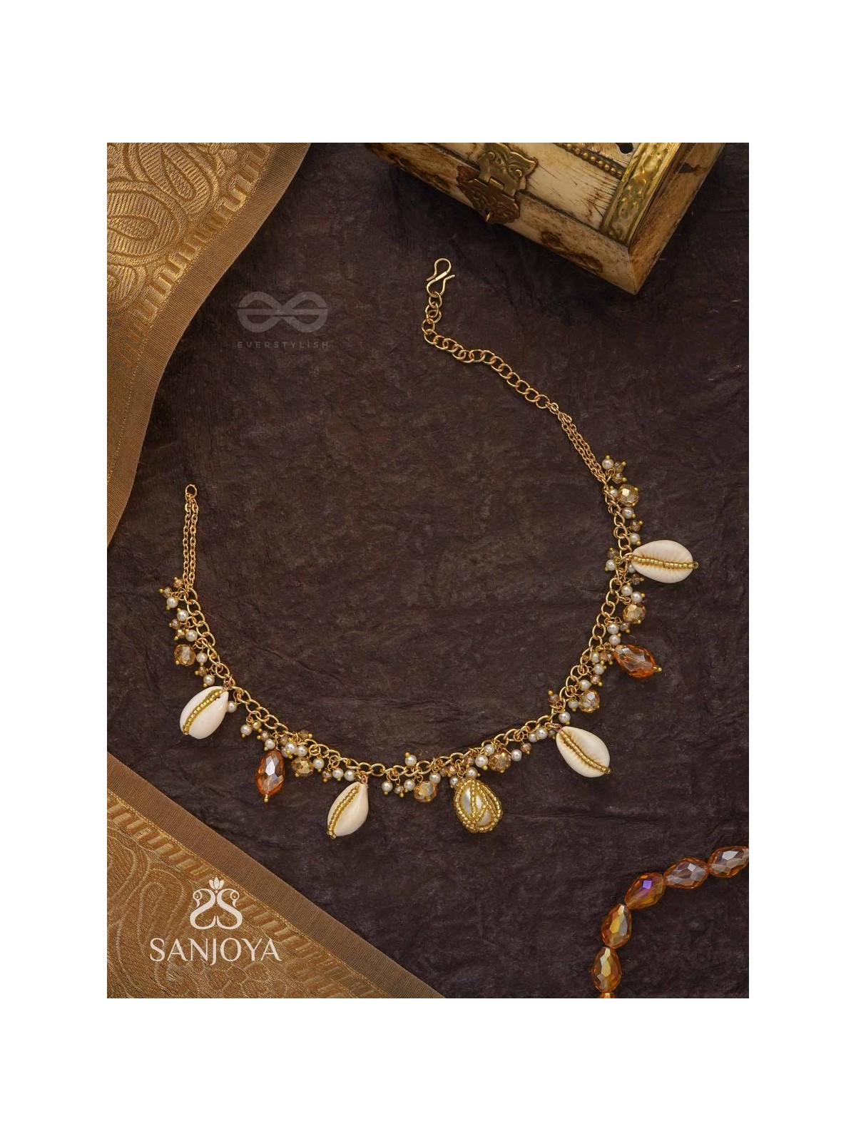 Astrta - Ivory Snowdrops -  Beads, Shells And Glass Drop Hand Embroidered Neckpiece