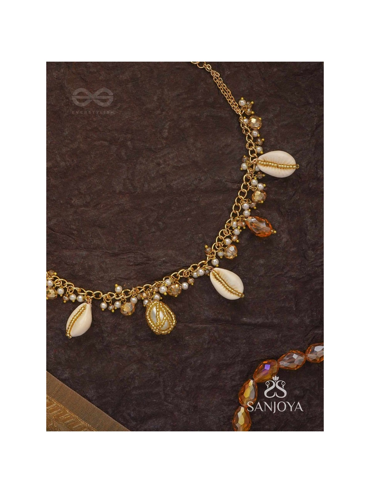 Astrta - Ivory Snowdrops -  Beads, Shells And Glass Drop Hand Embroidered Neckpiece